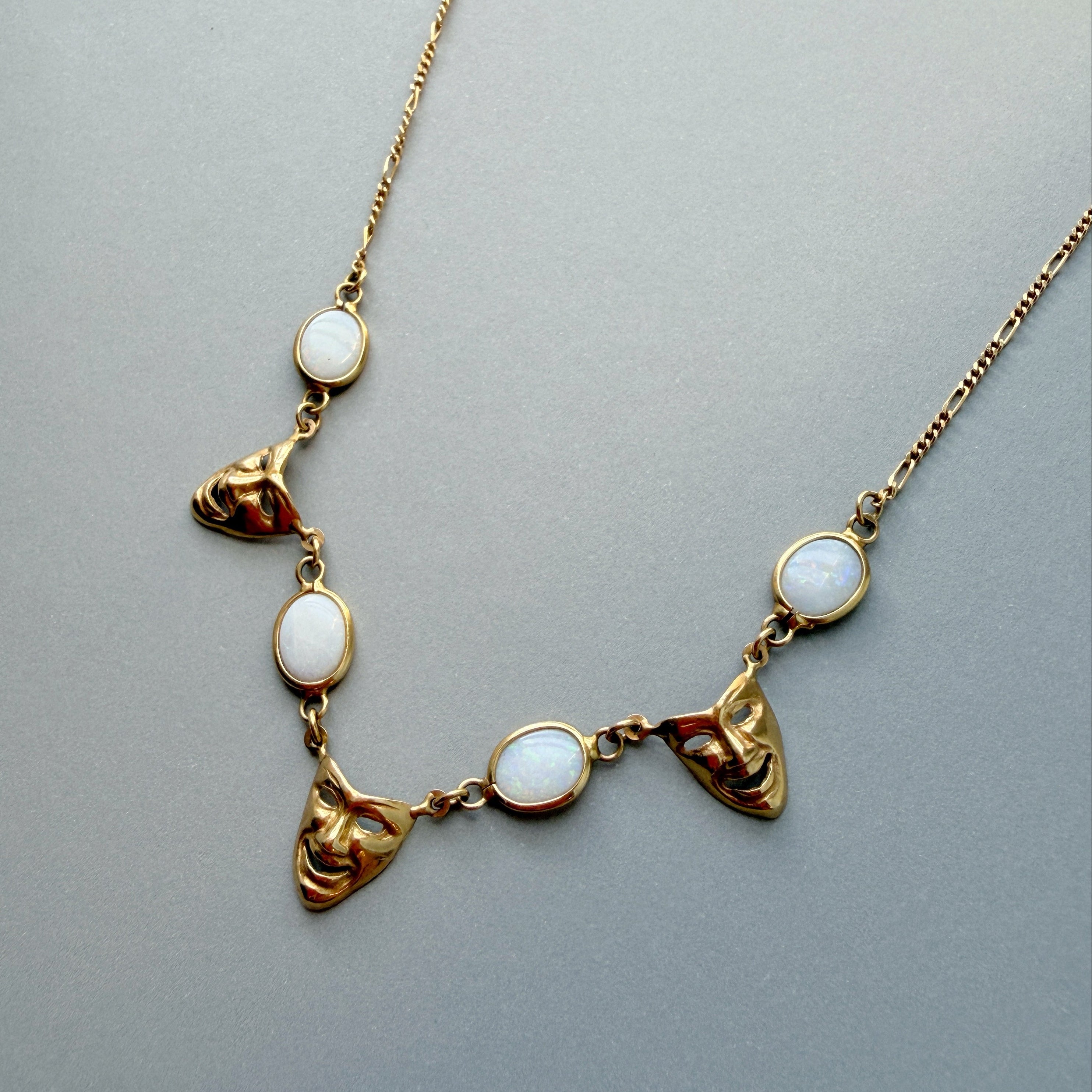 Vintage 18K Yellow Gold Venetian Mask Necklace with White Opals