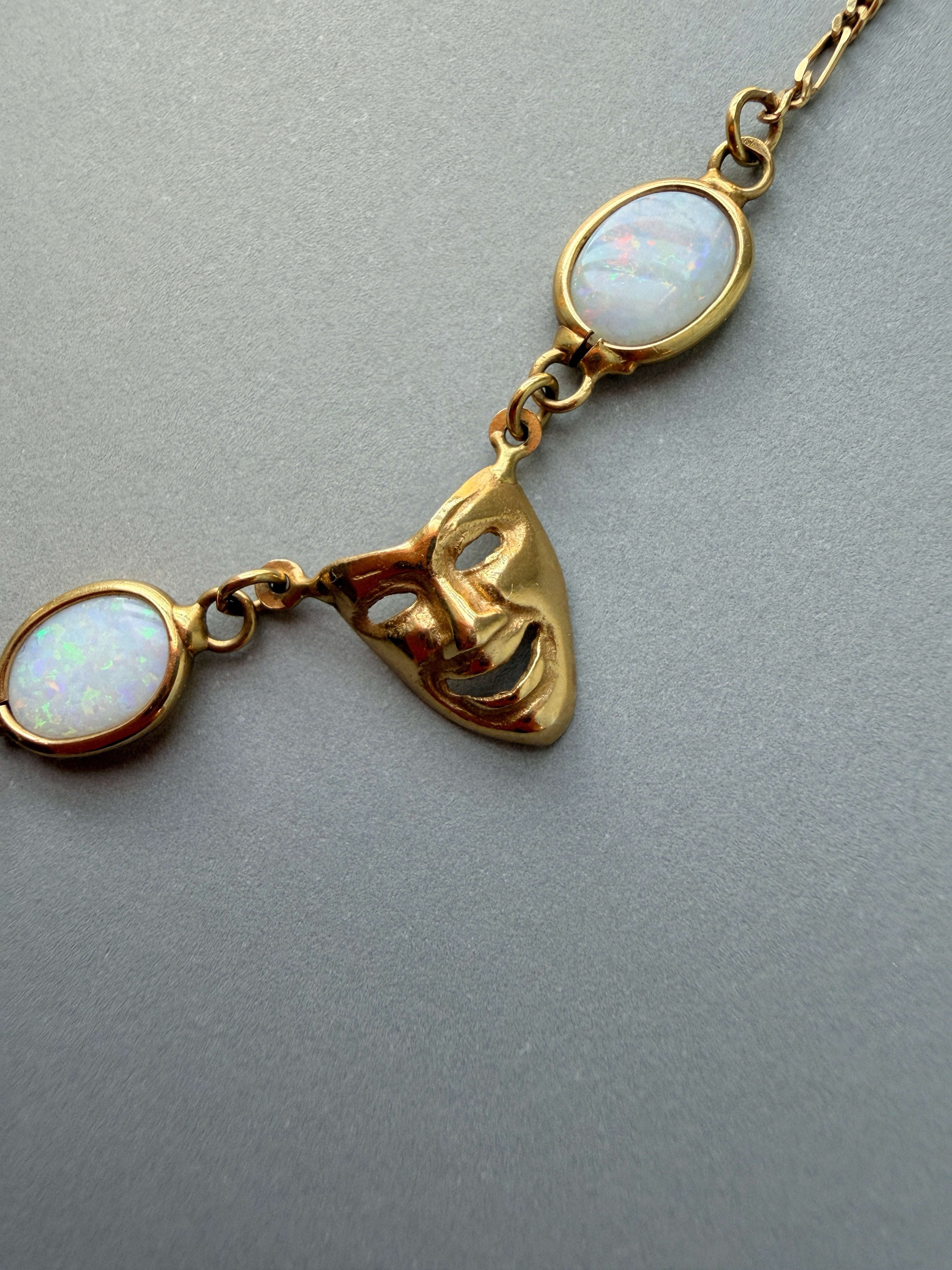 Vintage 18K Yellow Gold White Opals Venetian Mask Necklace