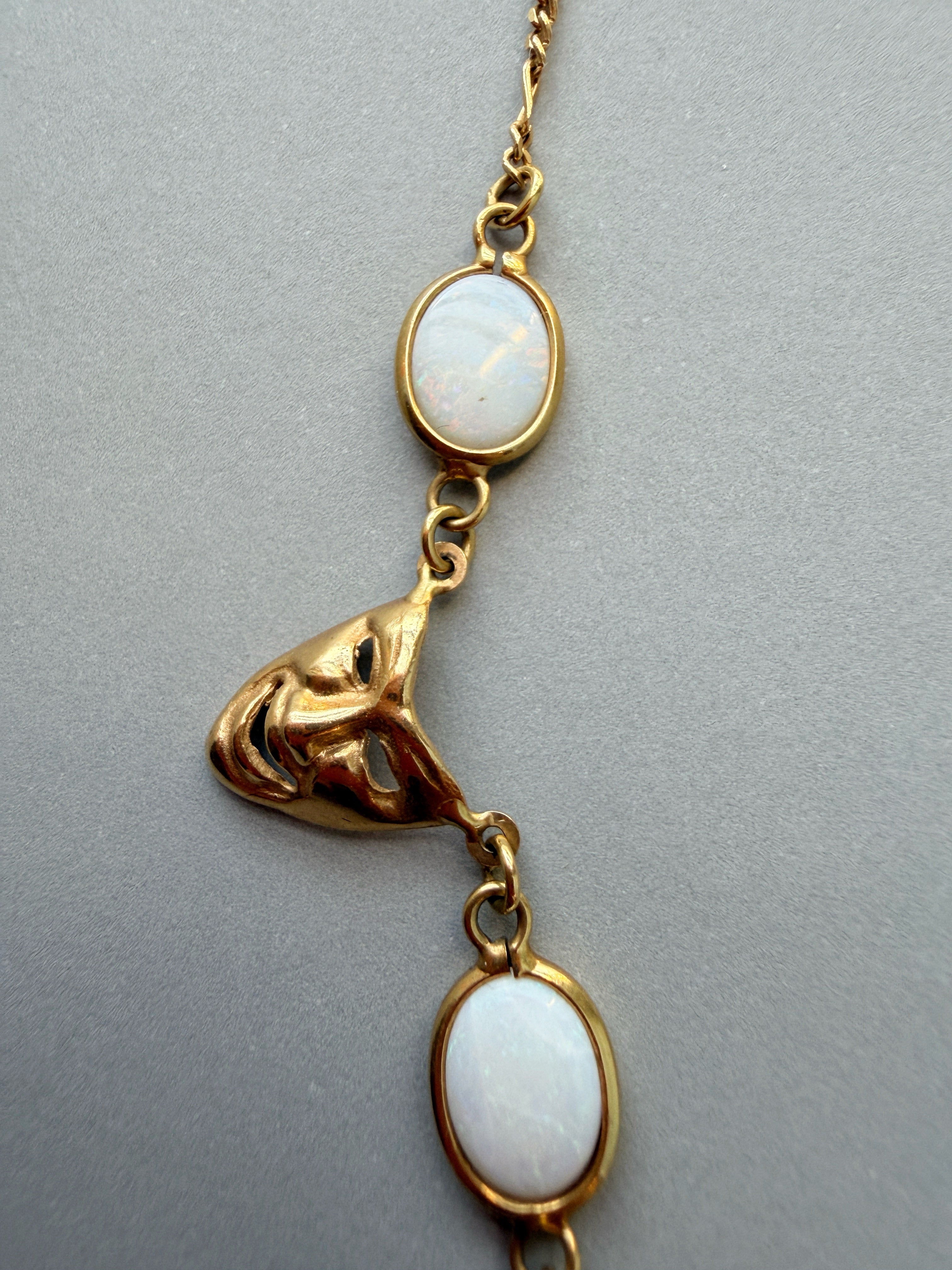 Vintage 18K Yellow Gold White Opals Venetian Mask Necklace