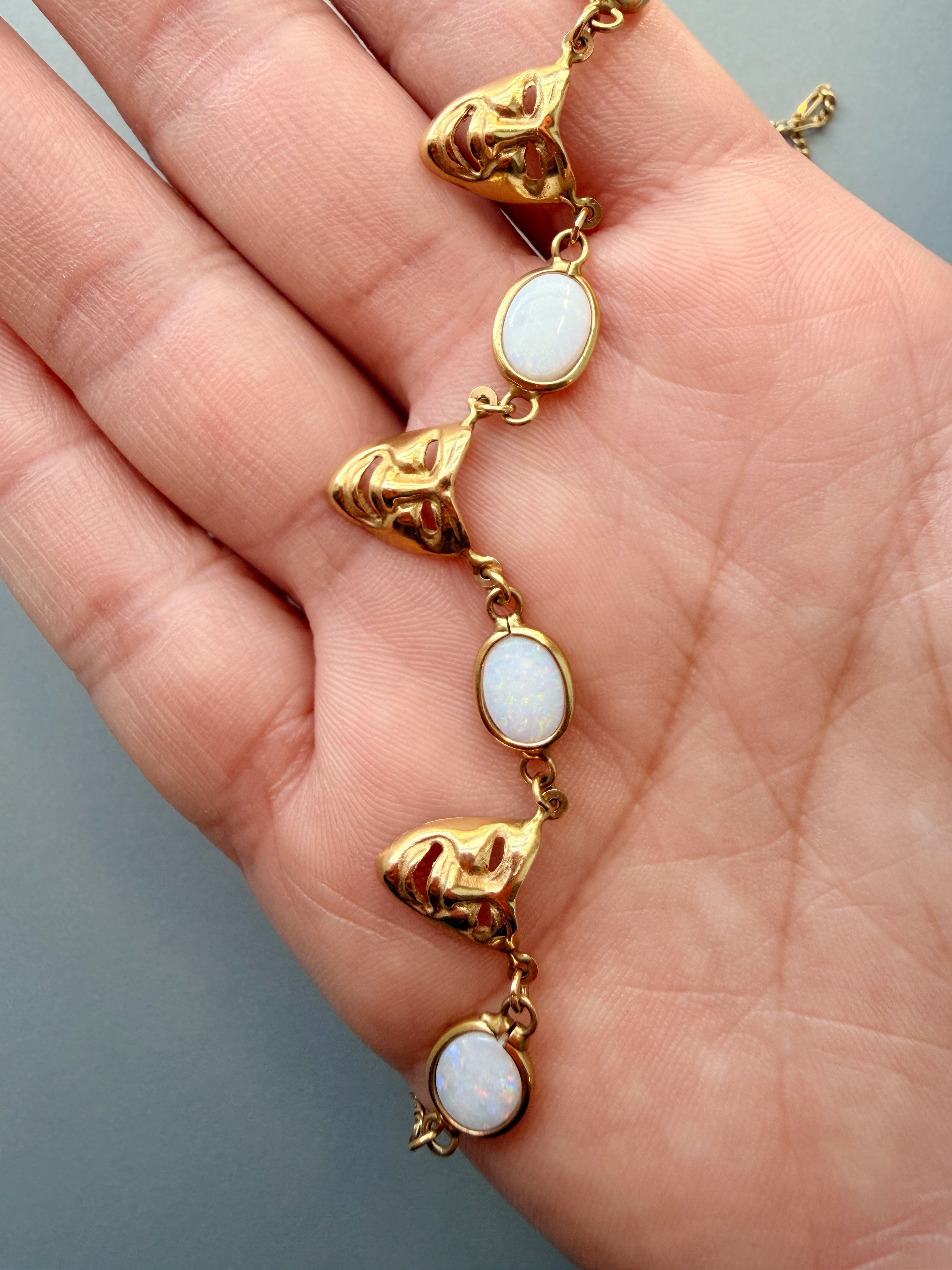 Vintage 18K Yellow Gold White Opals Venetian Mask Necklace
