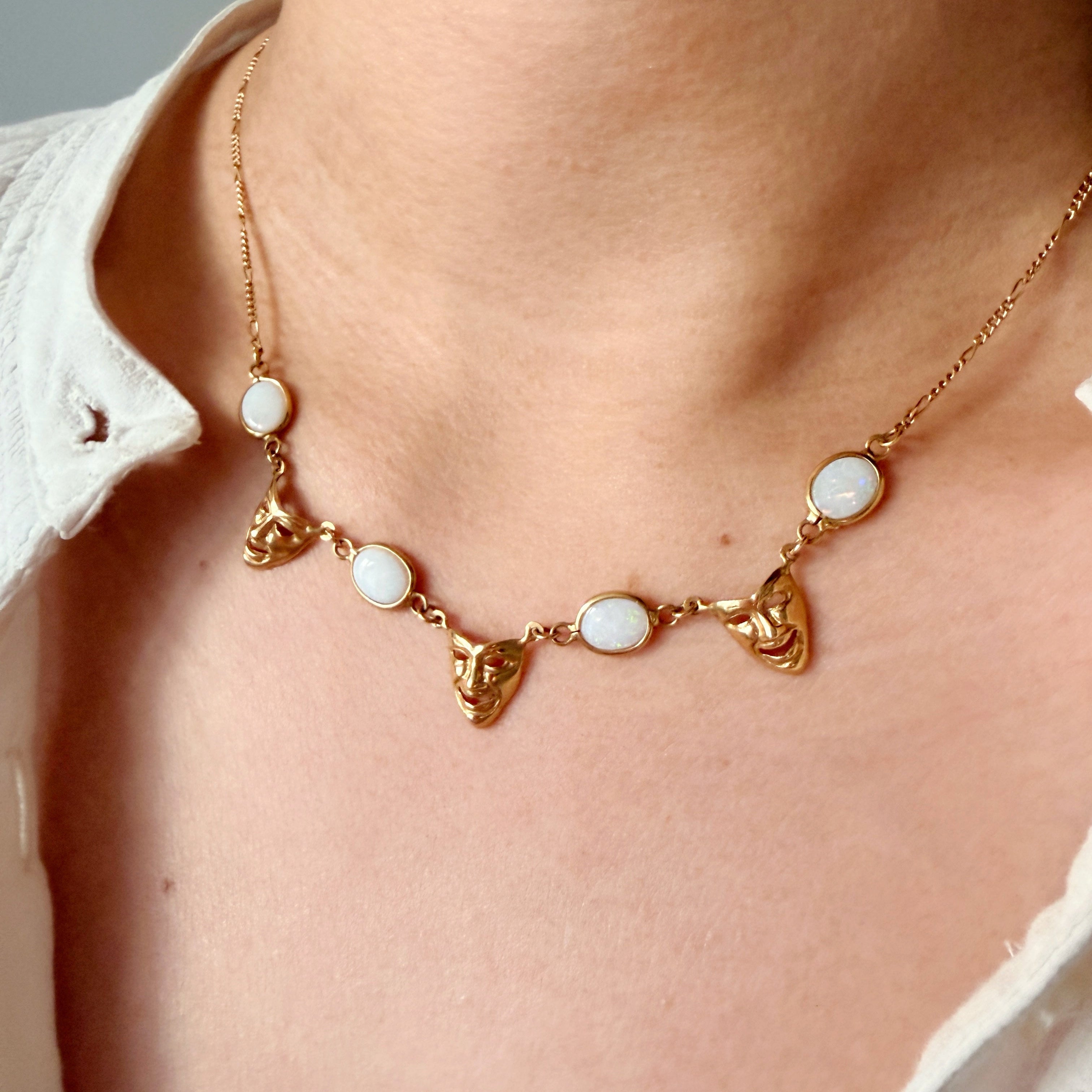 Vintage 18K Yellow Gold White Opals Venetian Mask Necklace