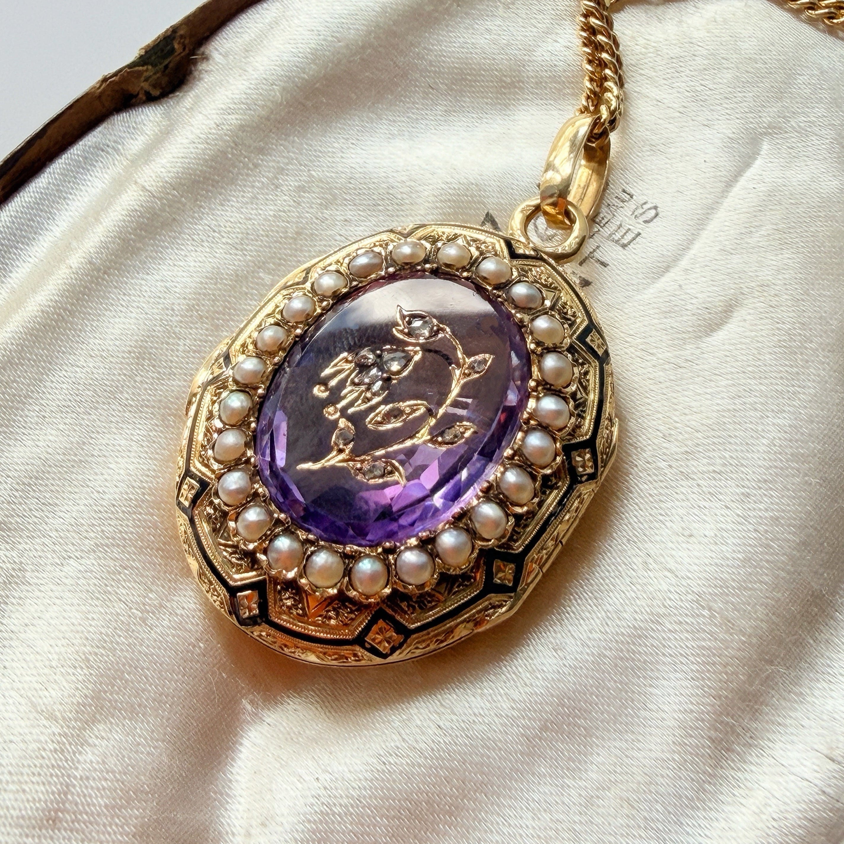 Victorian 18K gold amethyst diamond flower locket pendant