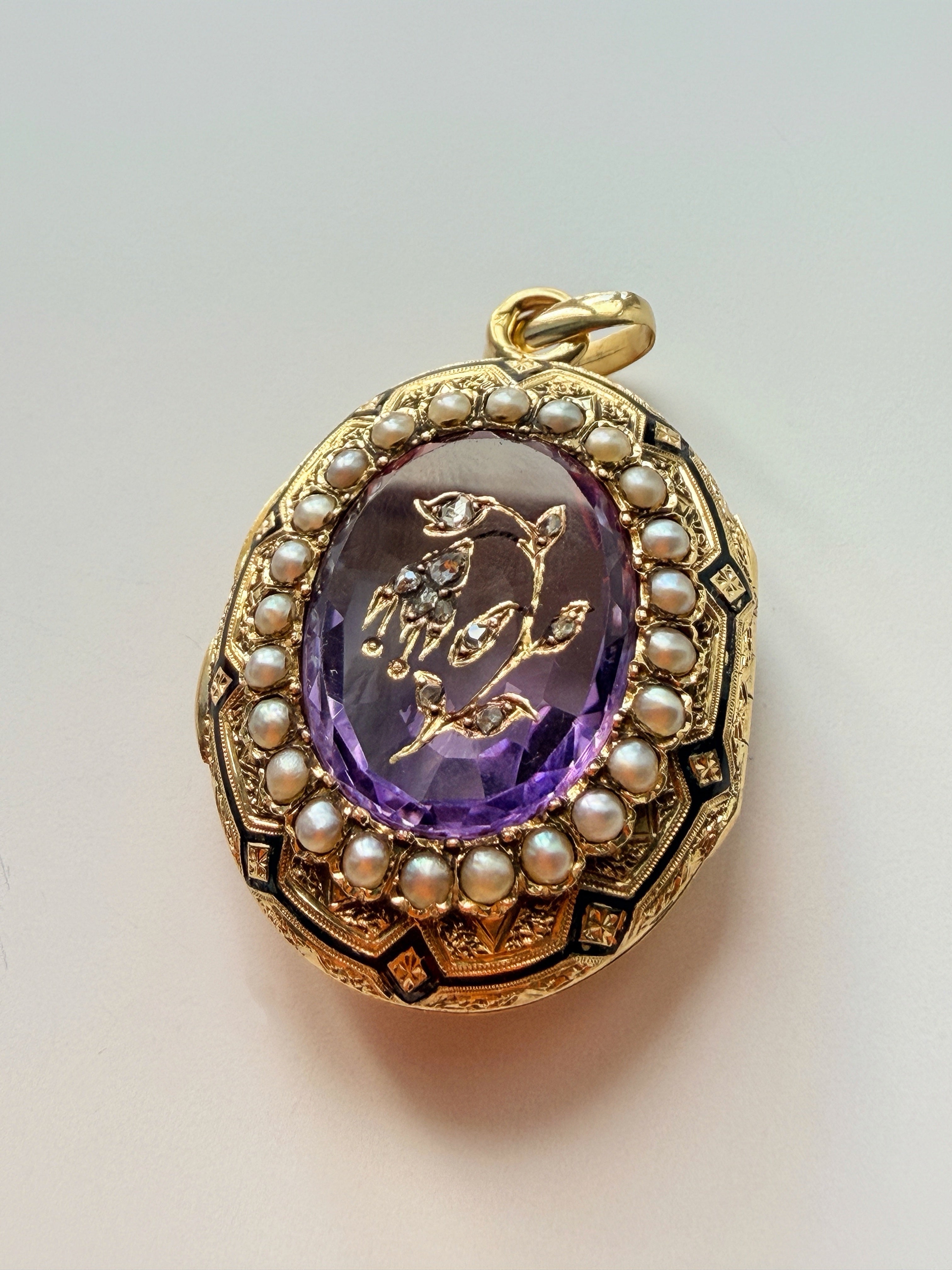 Victorian 18K gold amethyst diamond flower locket pendant