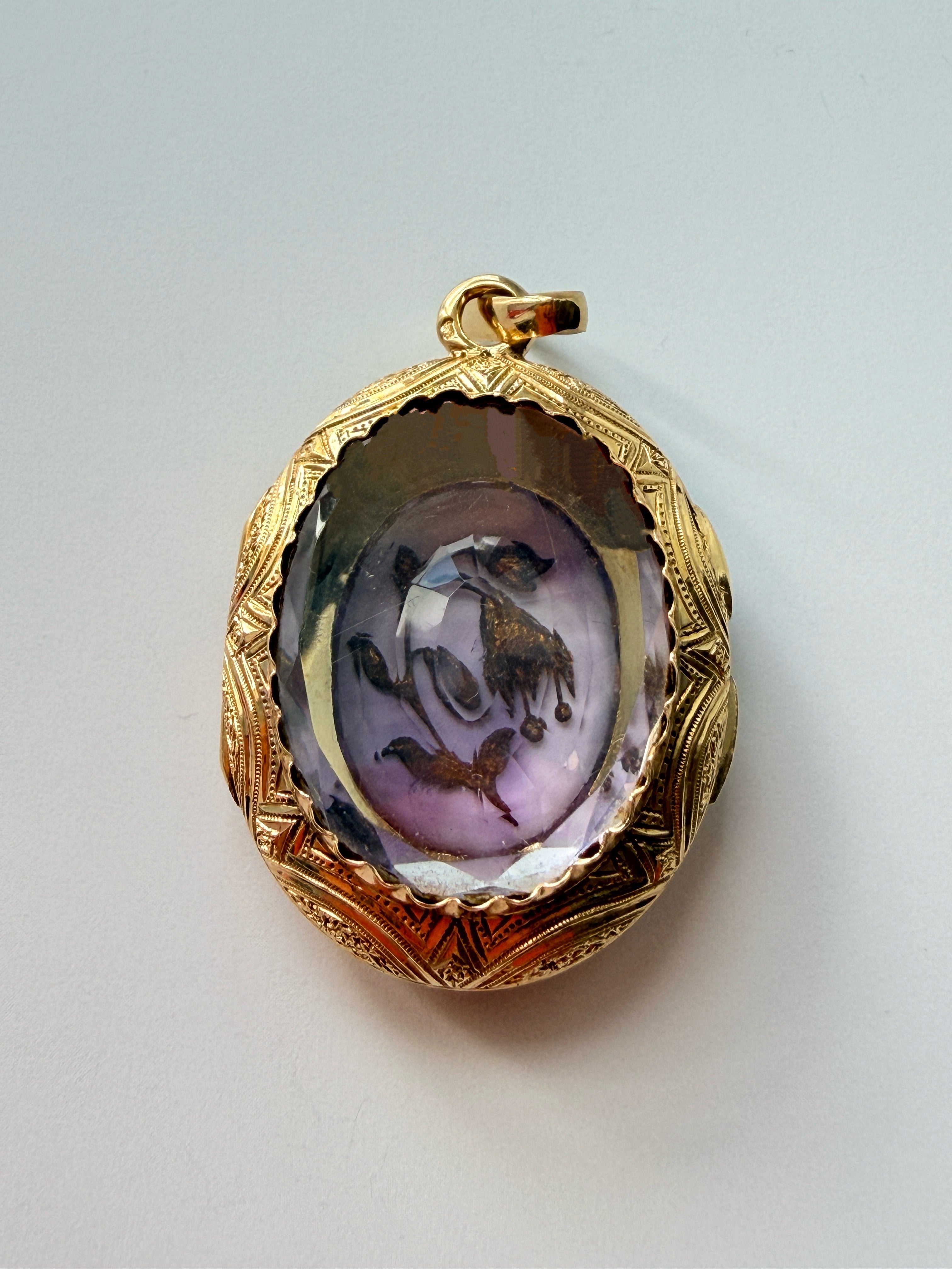 Victorian 18K gold amethyst diamond flower locket pendant