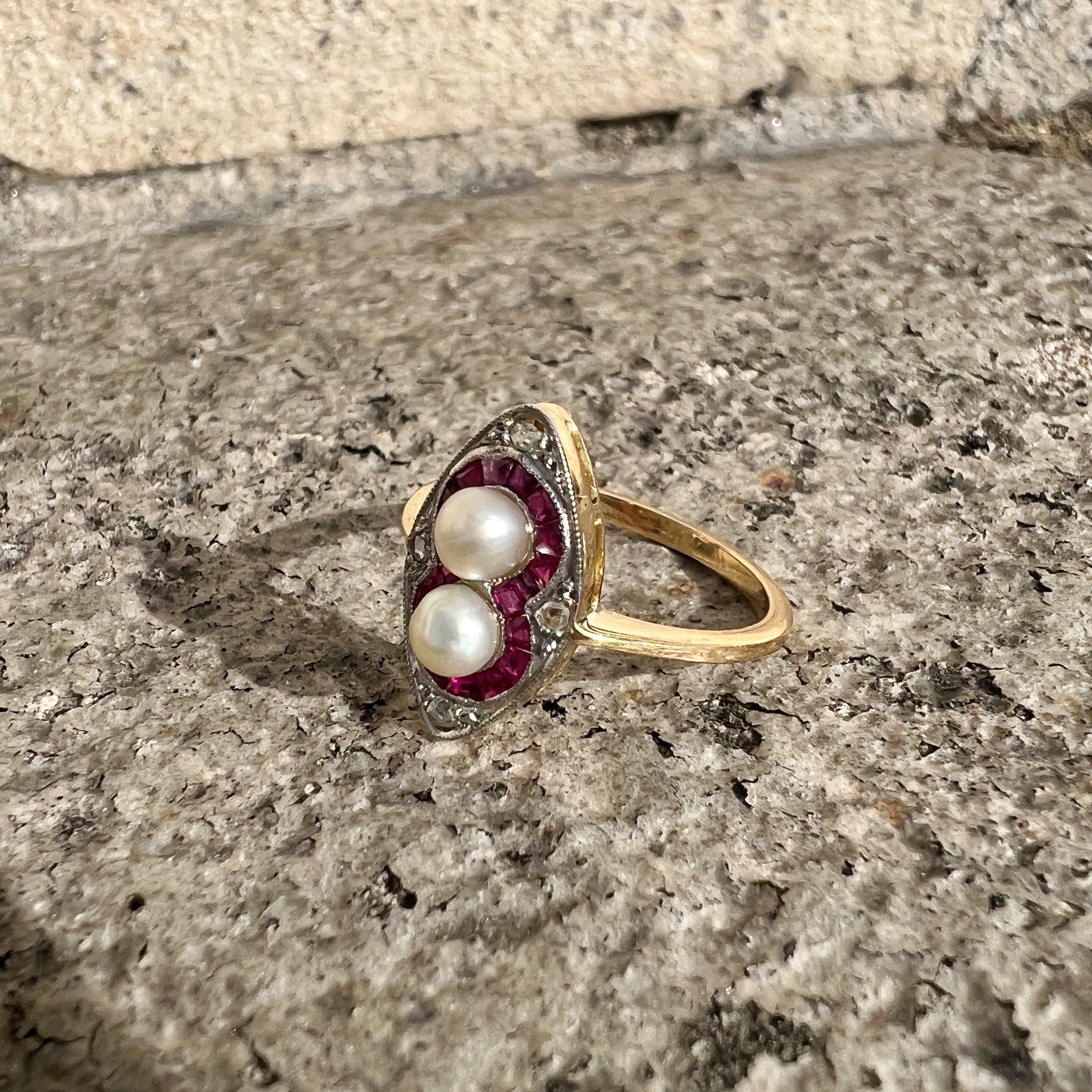 Art Deco era 18K gold pearl ruby diamond ring - Curiously timeless