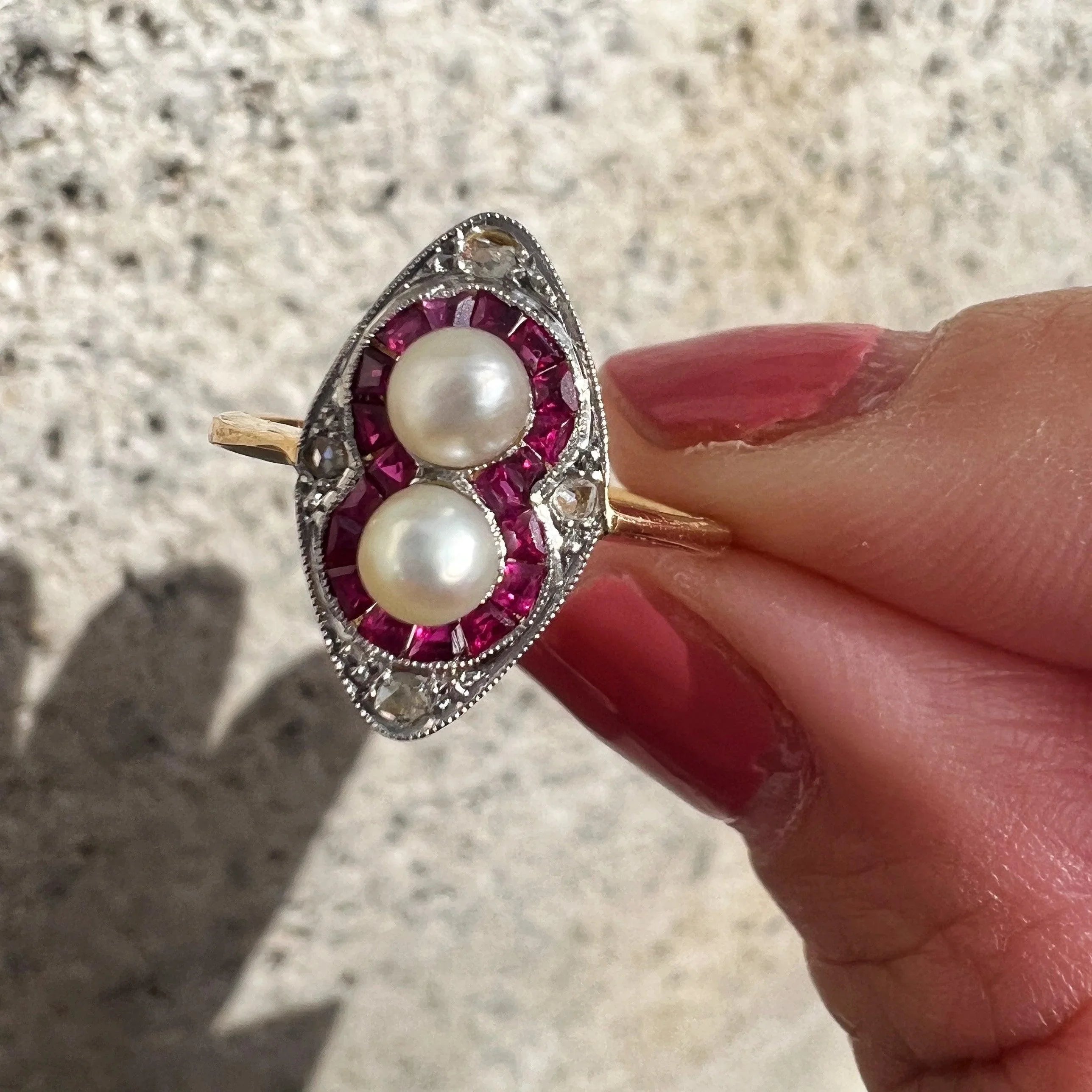 Art Deco era 18K gold pearl ruby diamond ring - Curiously timeless