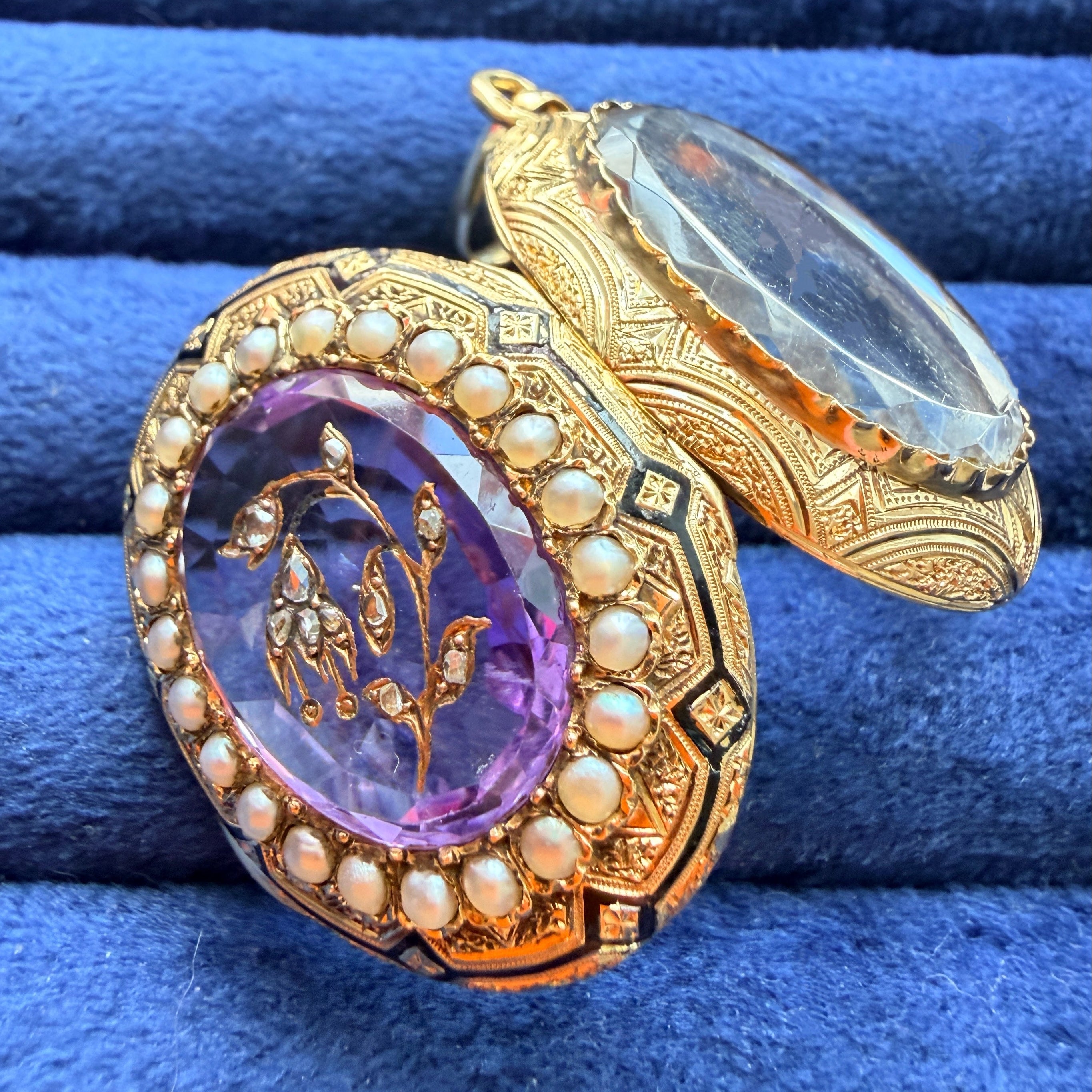 Victorian 18K gold amethyst diamond flower locket pendant