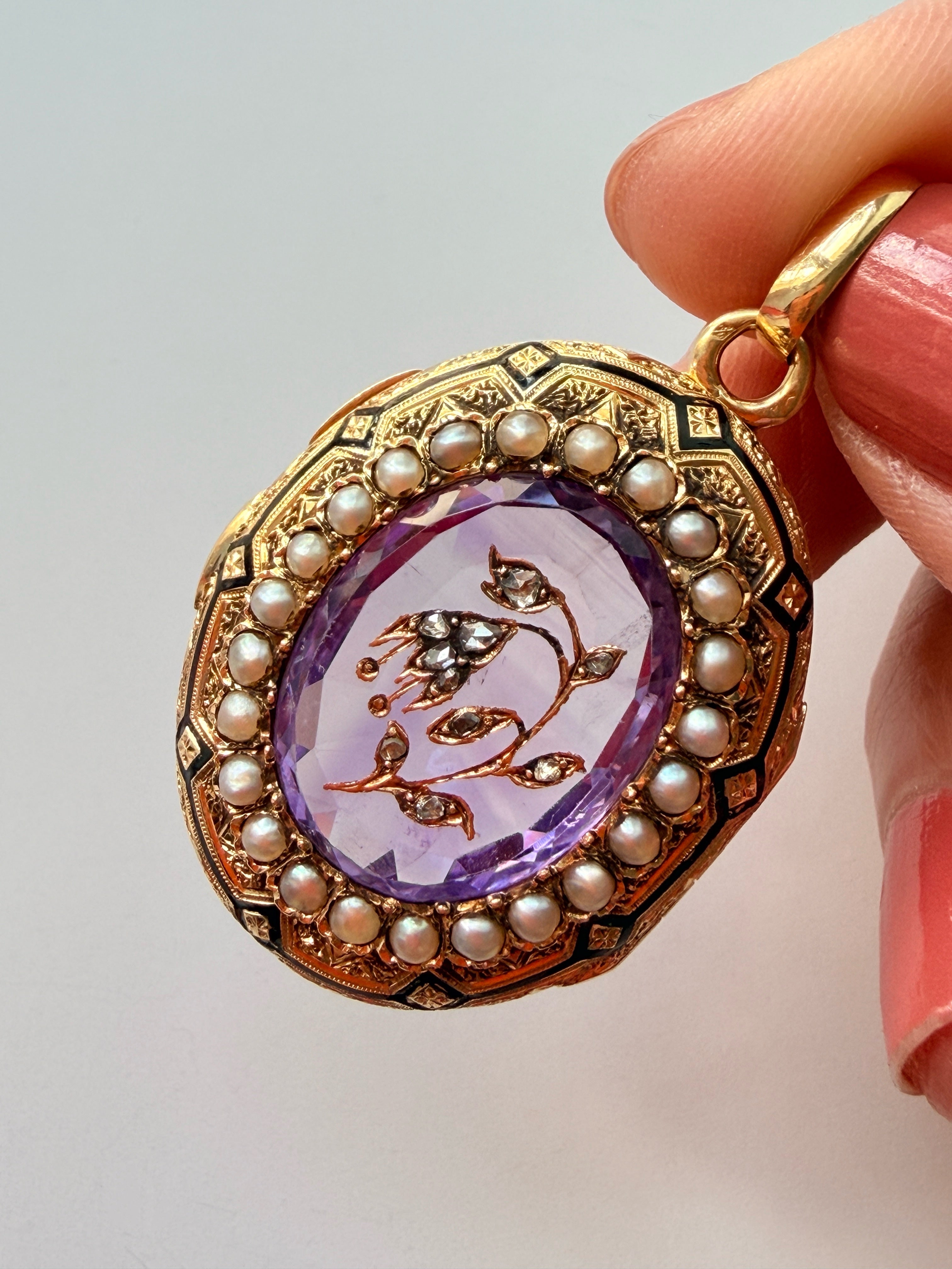 Victorian 18K gold amethyst diamond flower locket pendant