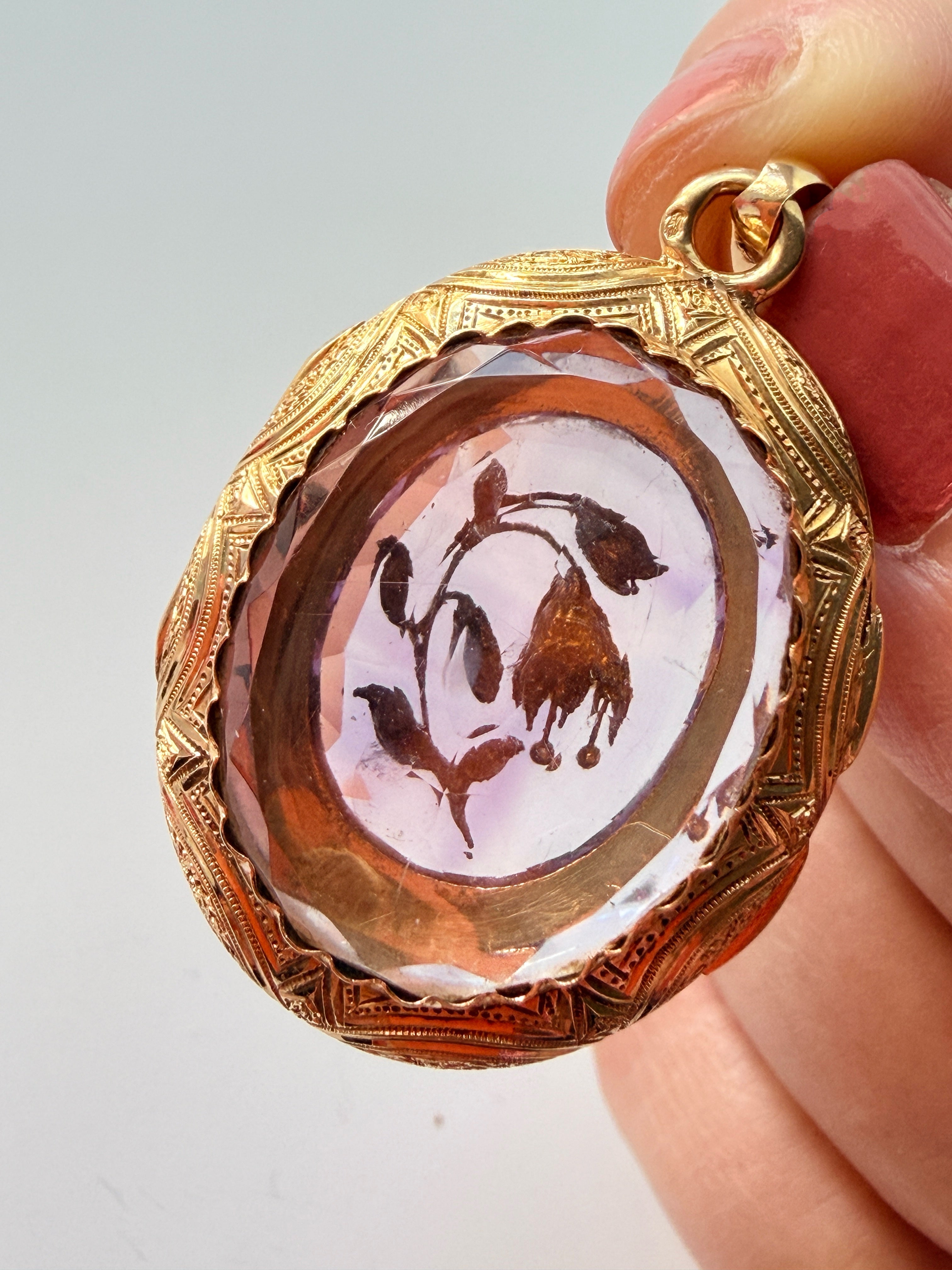 Victorian 18K gold amethyst diamond flower locket pendant