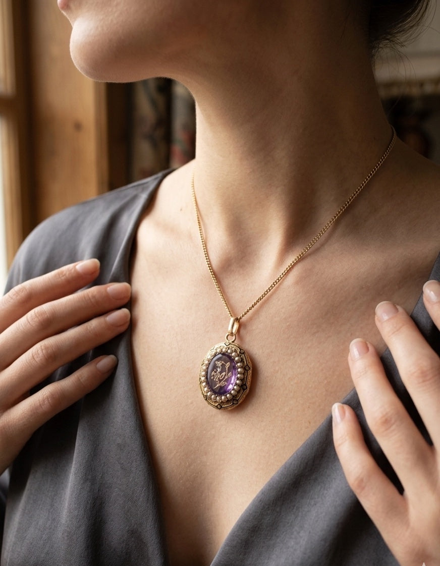 Victorian 18K gold amethyst diamond flower locket pendant