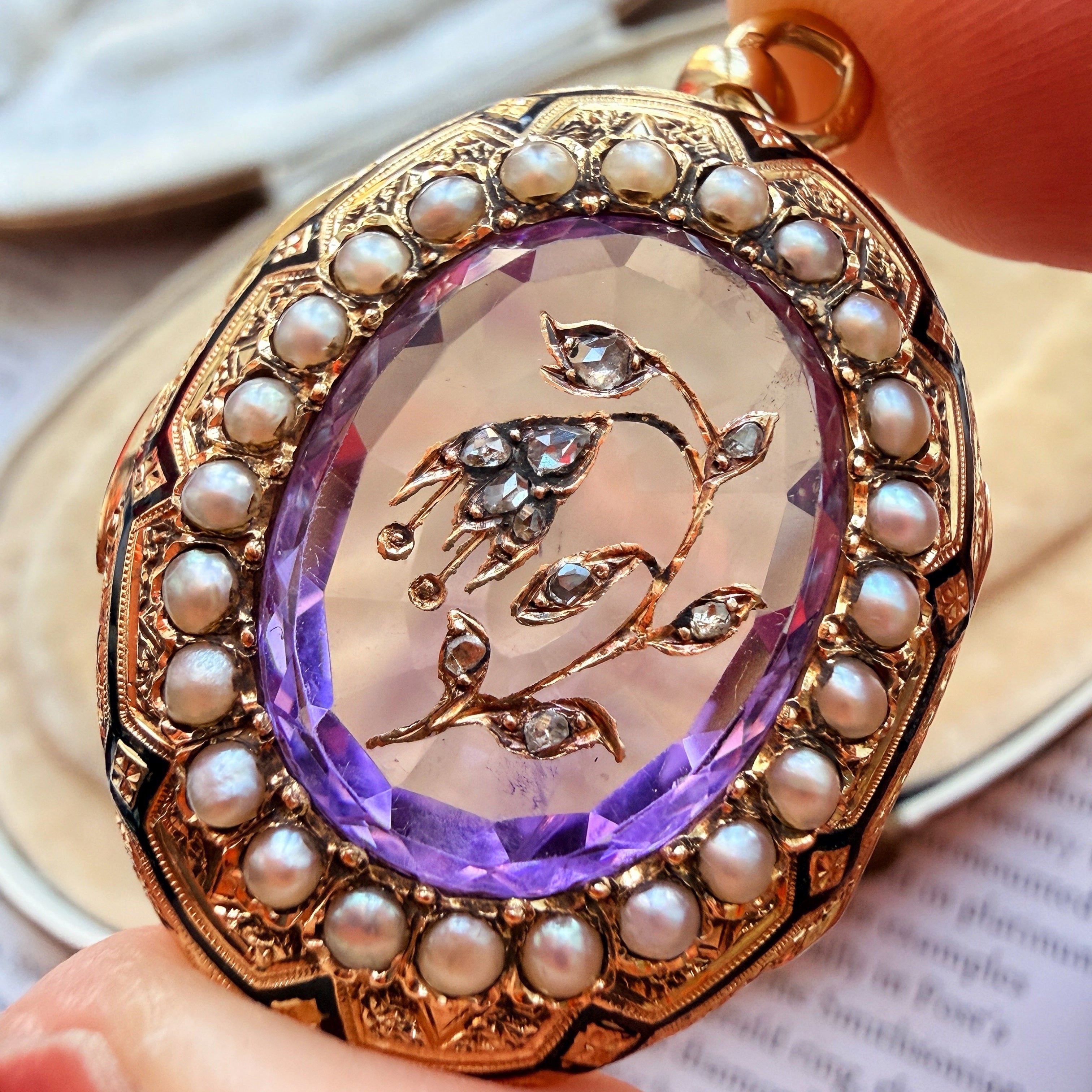 Victorian 18K gold amethyst diamond flower locket pendant