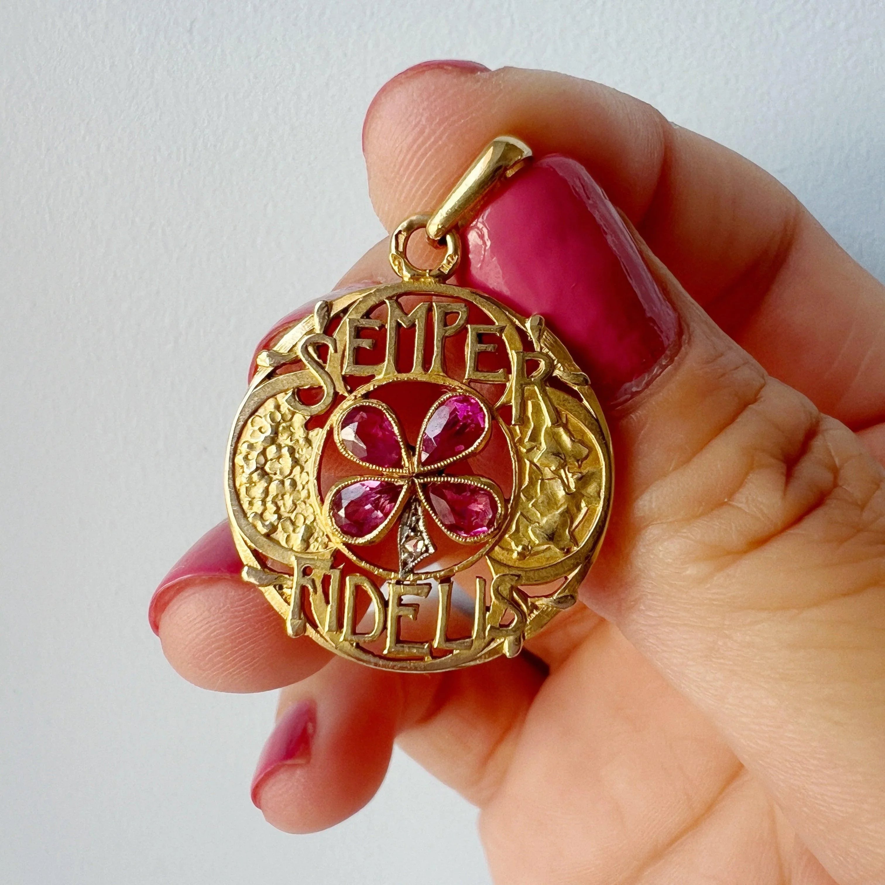 Art Nouveau 18k gold pink sapphire diamond “stay faithful” pendant - Curiously timeless