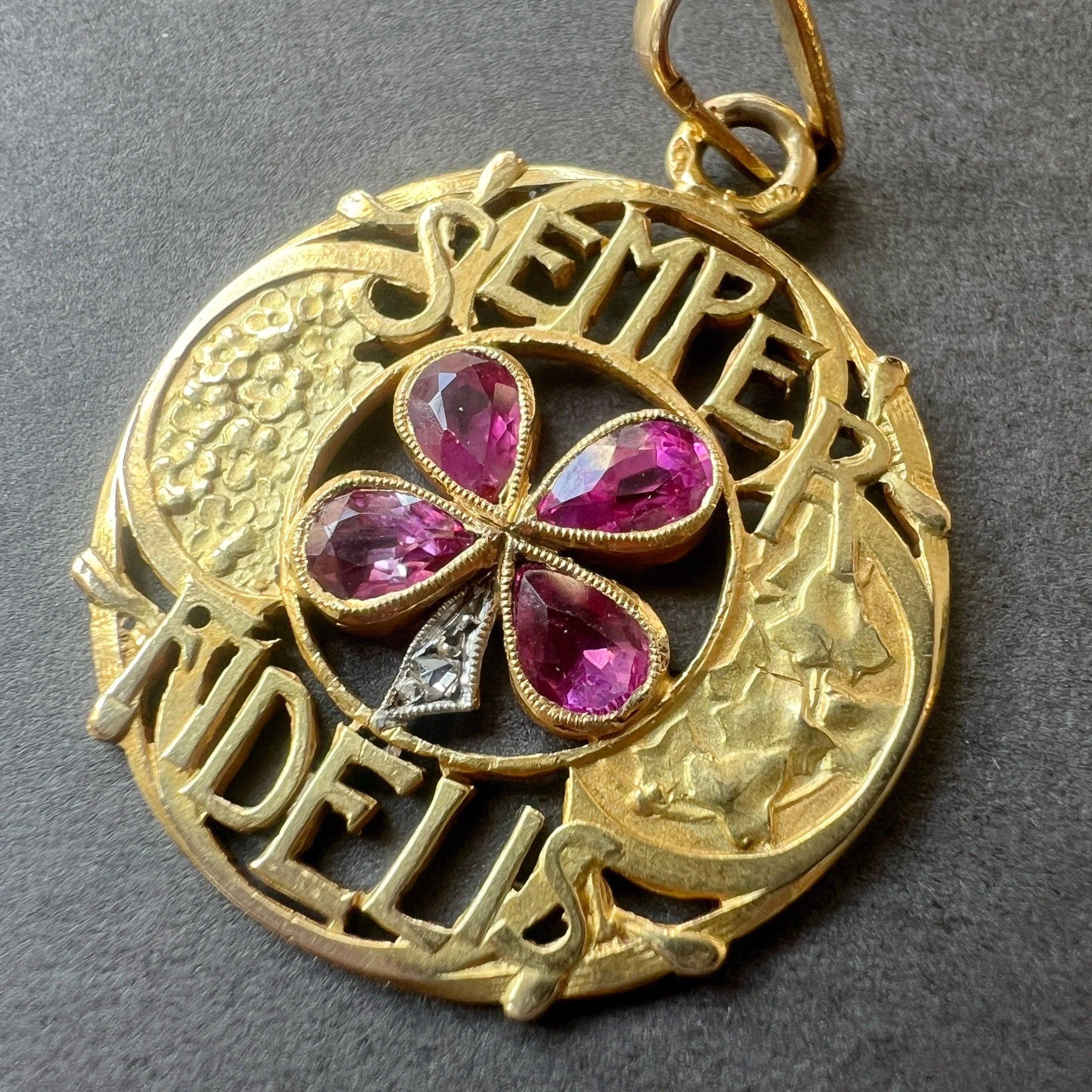 Art Nouveau 18k gold pink sapphire diamond “stay faithful” pendant - Curiously timeless