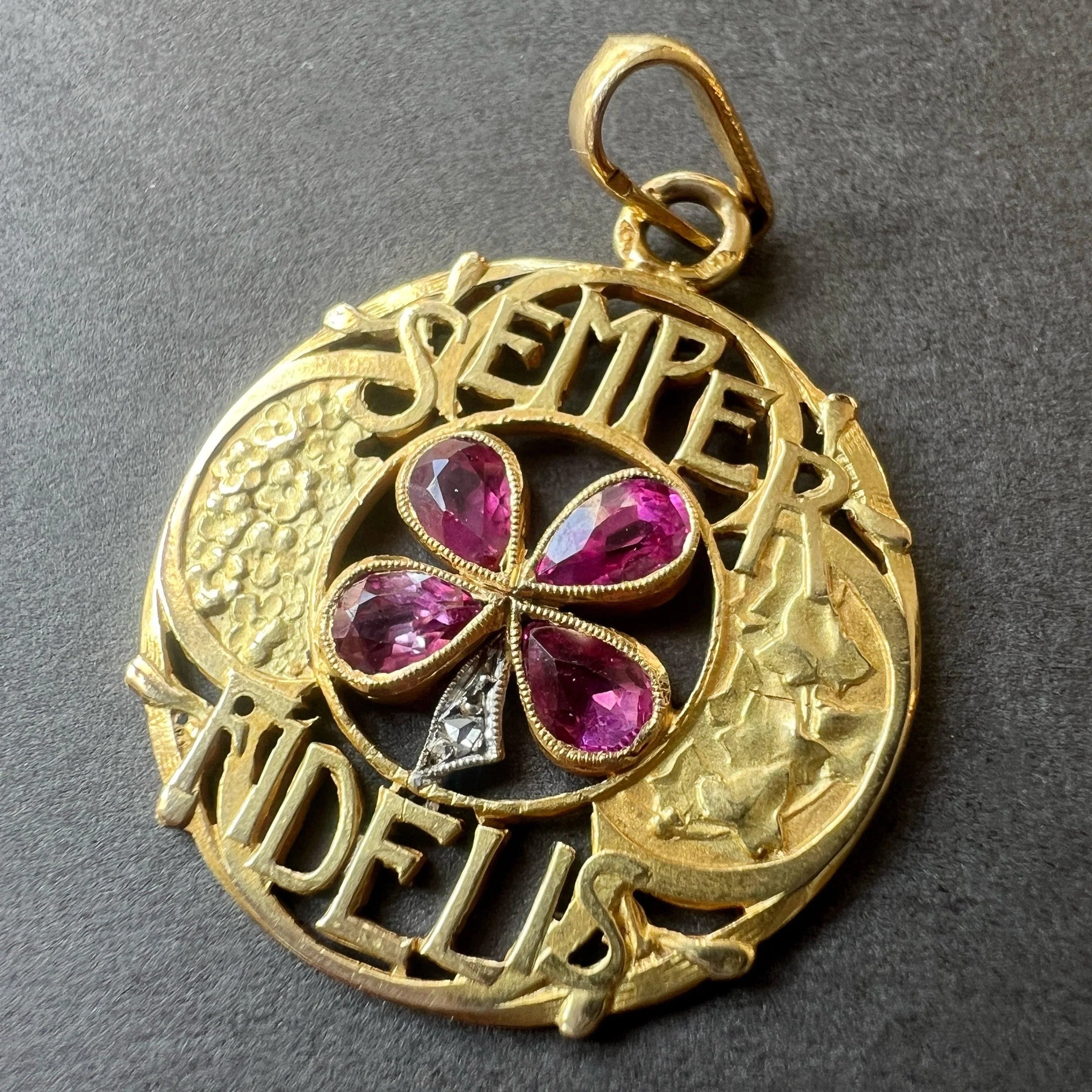 Art Nouveau 18k gold pink sapphire diamond “stay faithful” pendant - Curiously timeless