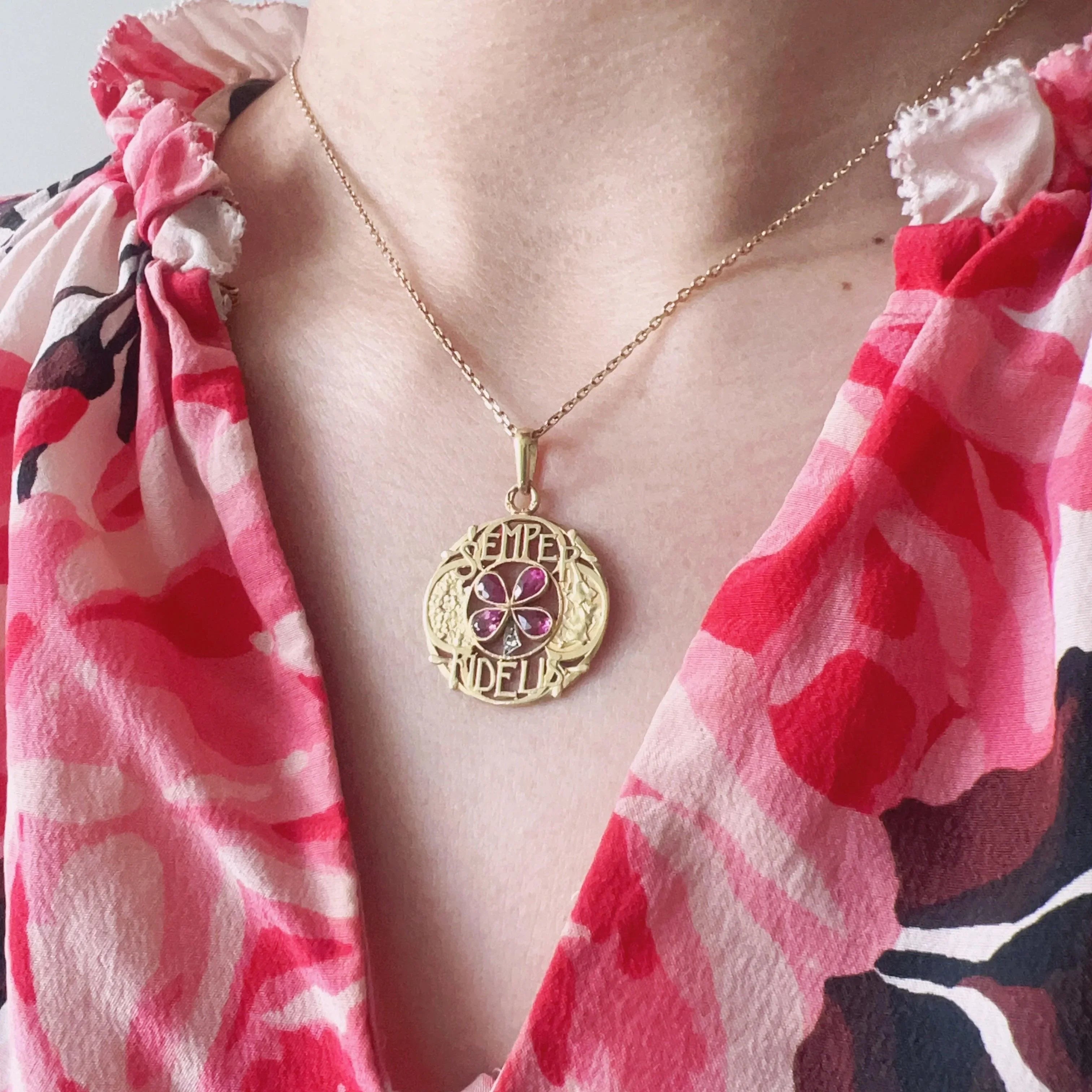 Art Nouveau 18k gold pink sapphire diamond “stay faithful” pendant - Curiously timeless