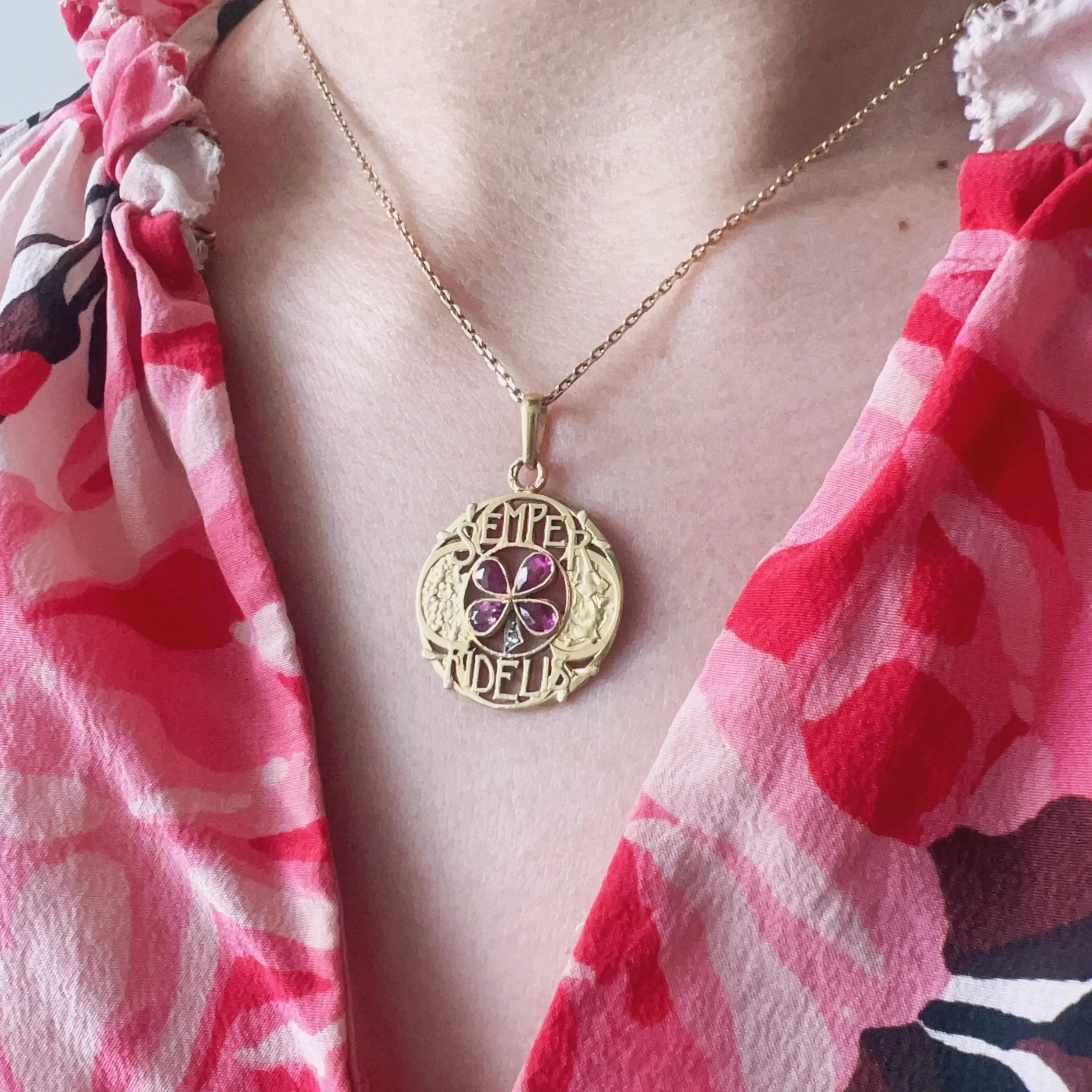 Art Nouveau 18k gold pink sapphire diamond “stay faithful” pendant - Curiously timeless