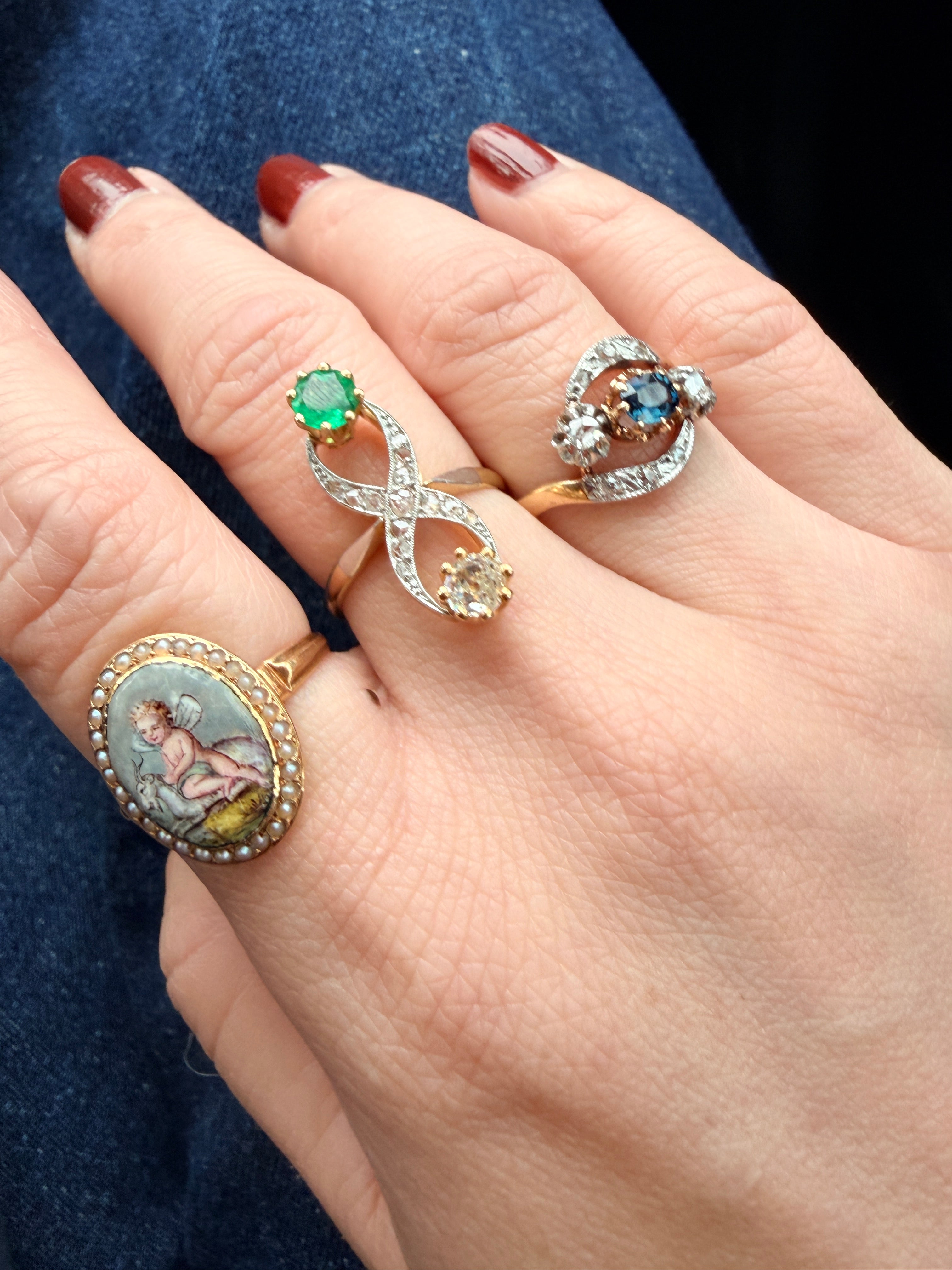 Victorian era 18K gold cherub riding a goat pearl ring