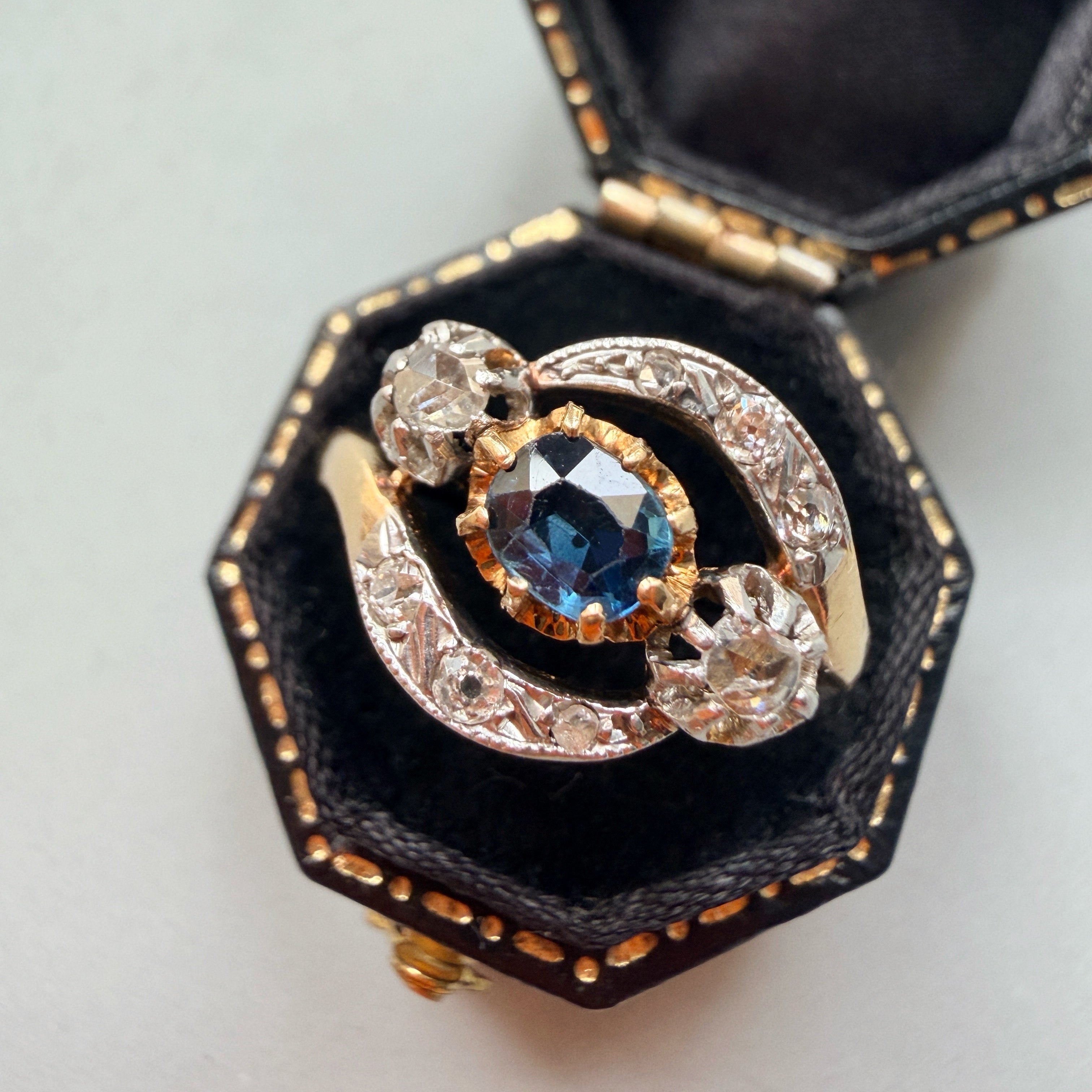 Antique 18K gold blue sapphire diamond tourbillon ring