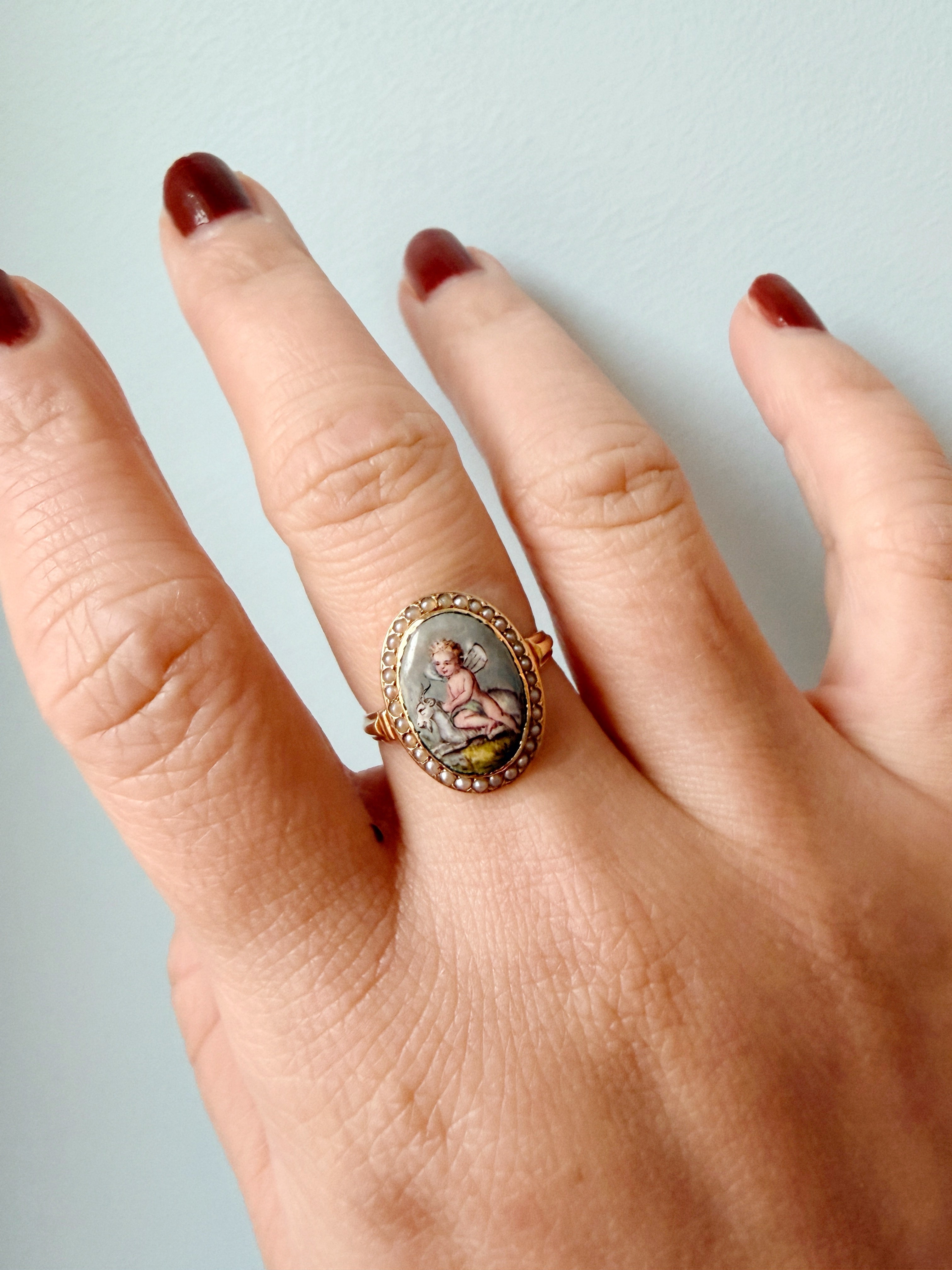 Victorian era 18K gold cherub riding a goat pearl ring