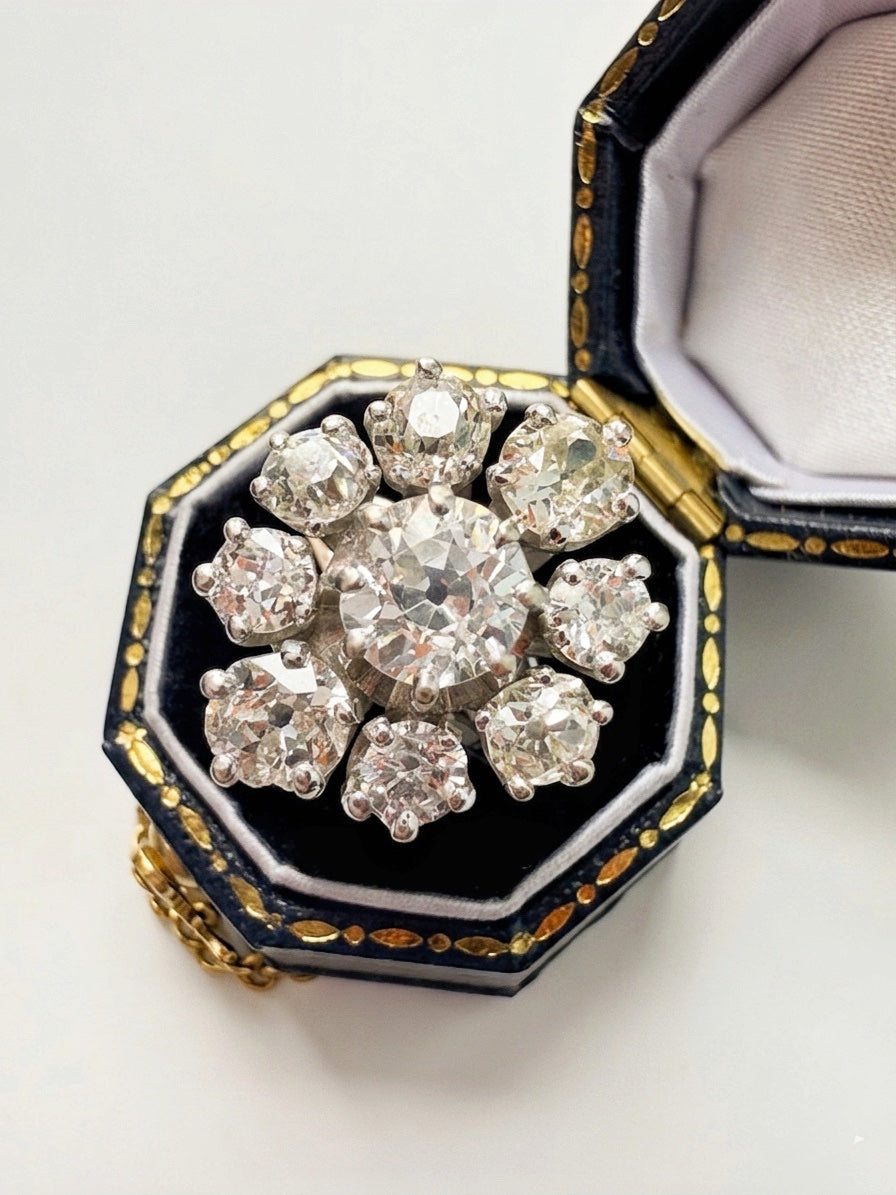 Vintage 18K Gold 2.95cts Old Mine Cut Diamond Cluster Ring