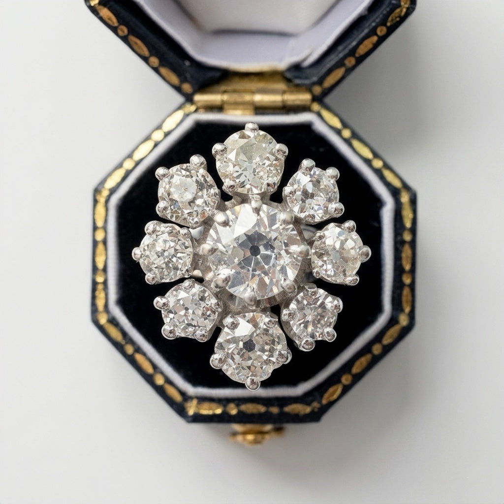 Vintage 18K Gold 2.95cts Old Mine Cut Diamond Cluster Ring