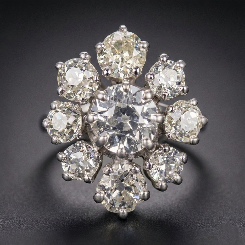 Vintage 18K Gold 2.95cts Old Mine Cut Diamond Cluster Ring