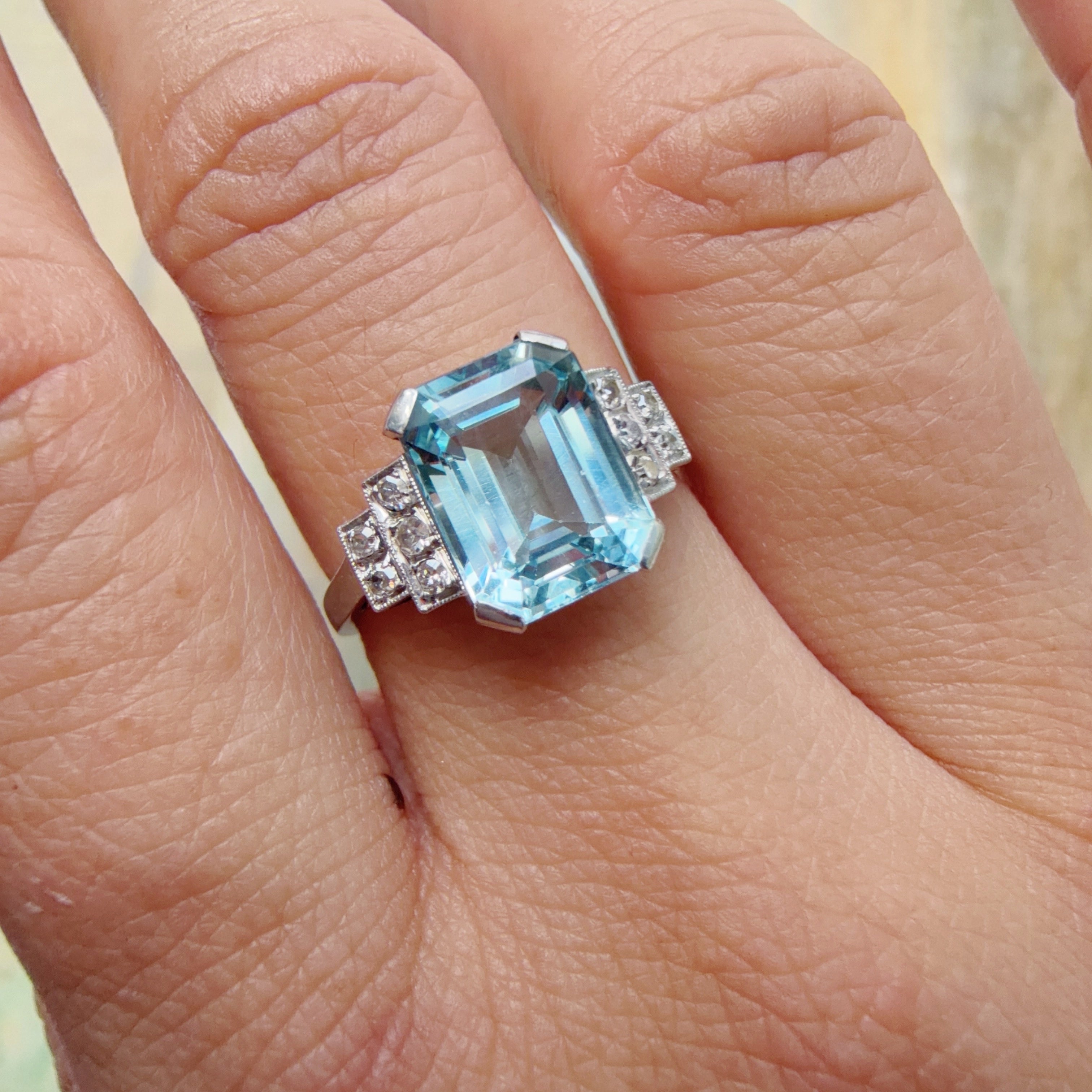 French Art Deco Aquamarine, Diamond, Platinum & 18K White Gold Ring