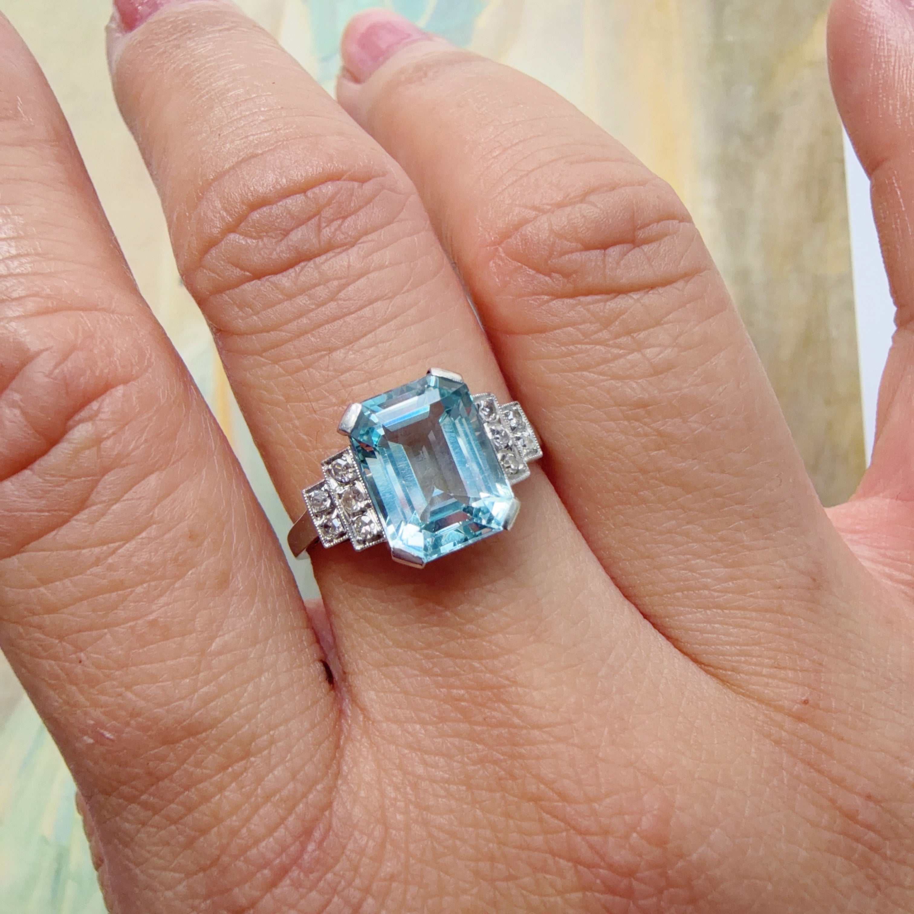 French Art Deco Aquamarine, Diamond, Platinum & 18K White Gold Ring