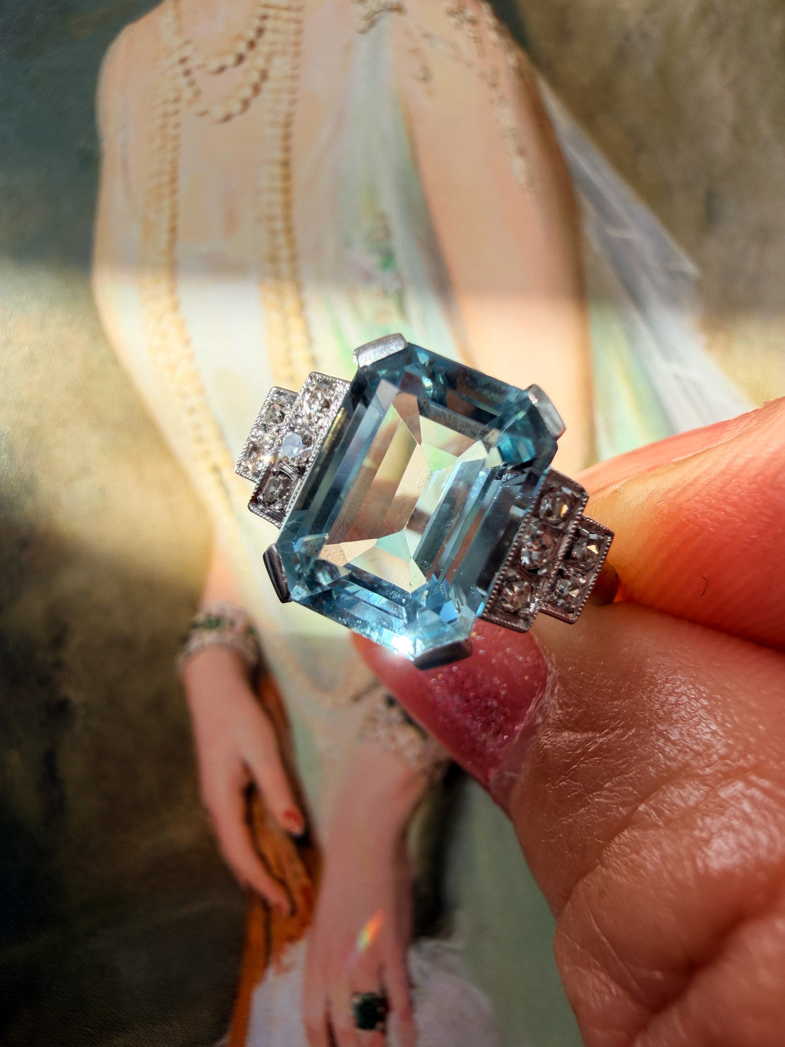 French Art Deco Aquamarine, Diamond, Platinum & 18K White Gold Ring
