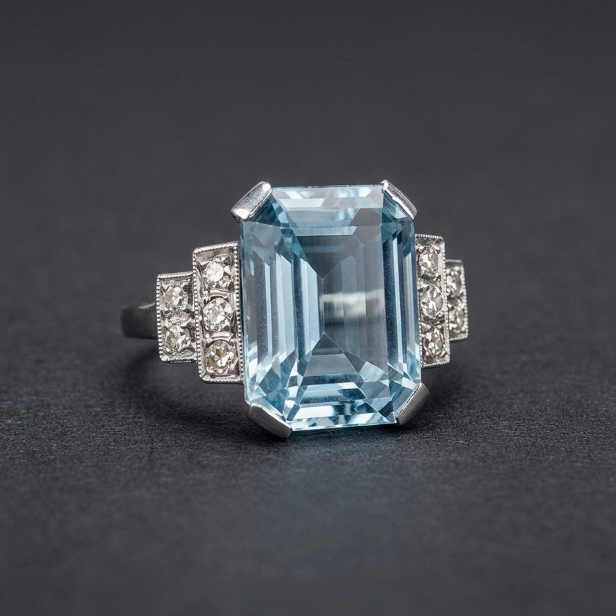 French Art Deco Aquamarine, Diamond, Platinum & 18K White Gold Ring