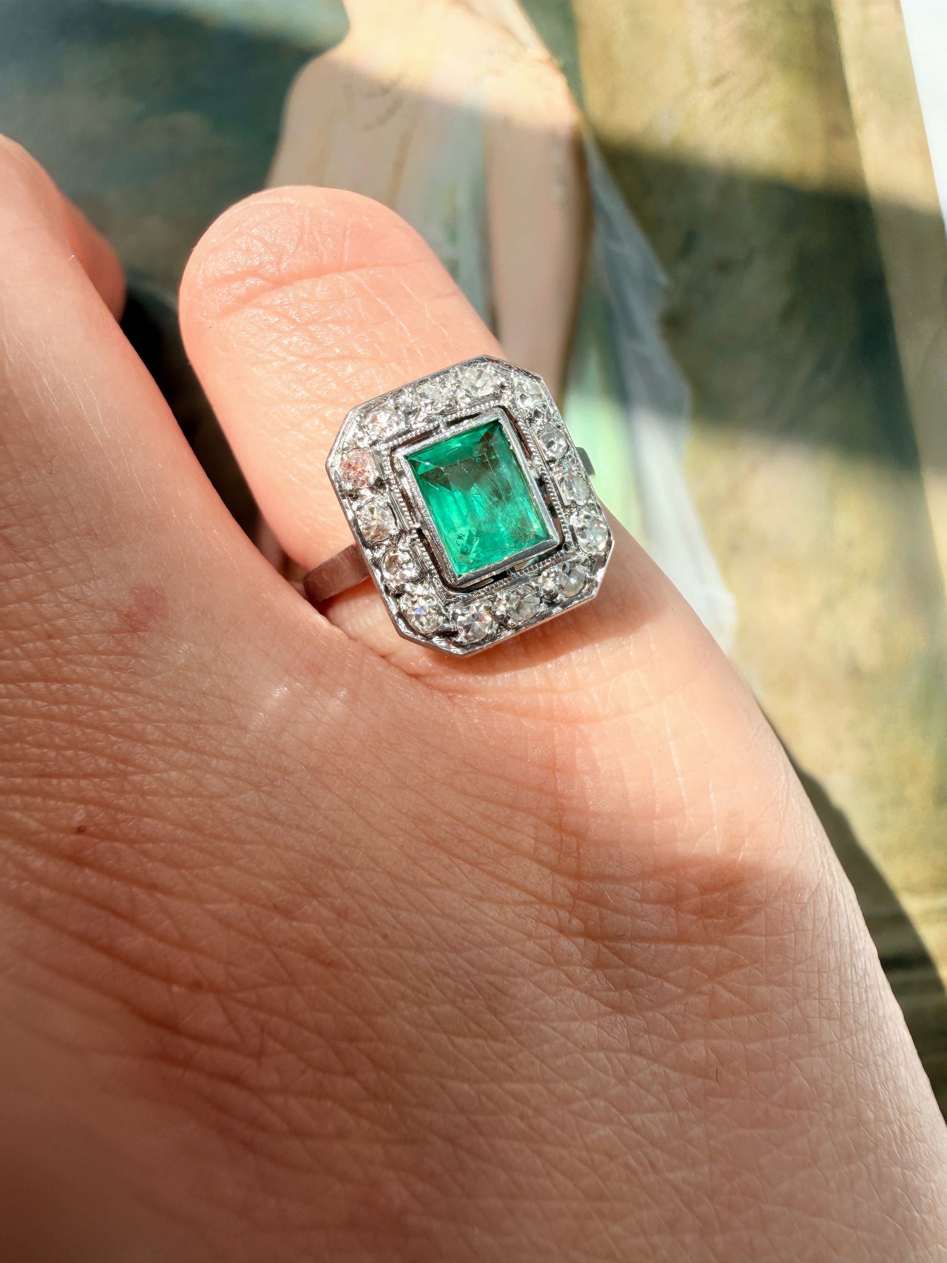 French Art Deco Emerald Diamond Platinum Ring