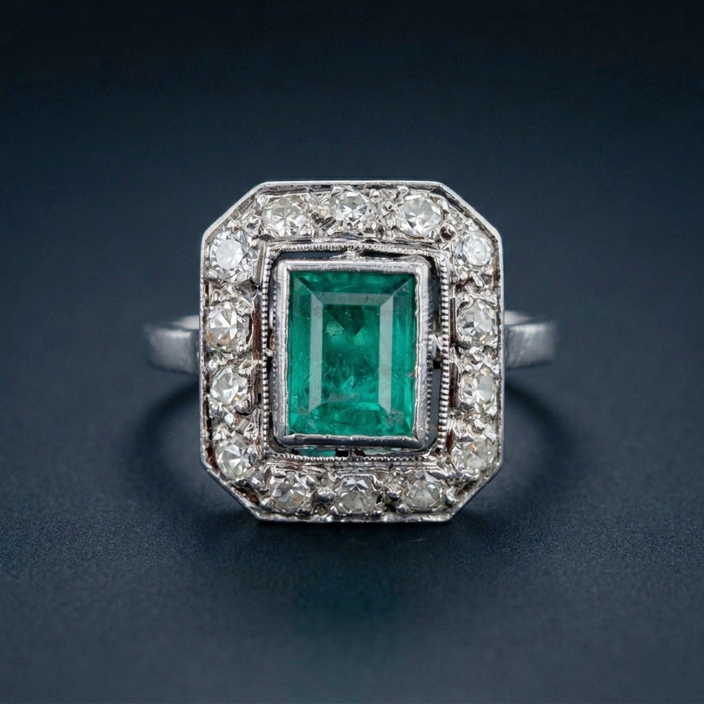 French Art Deco Emerald Diamond Platinum Ring