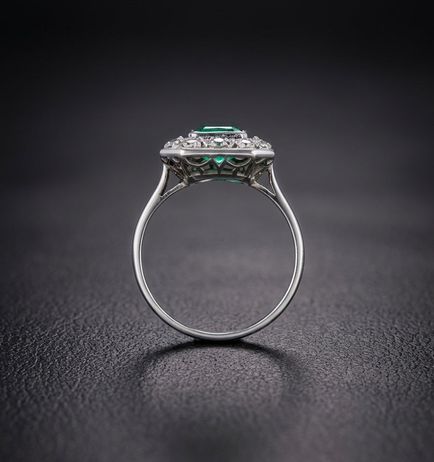 French Art Deco Emerald Diamond Platinum Ring