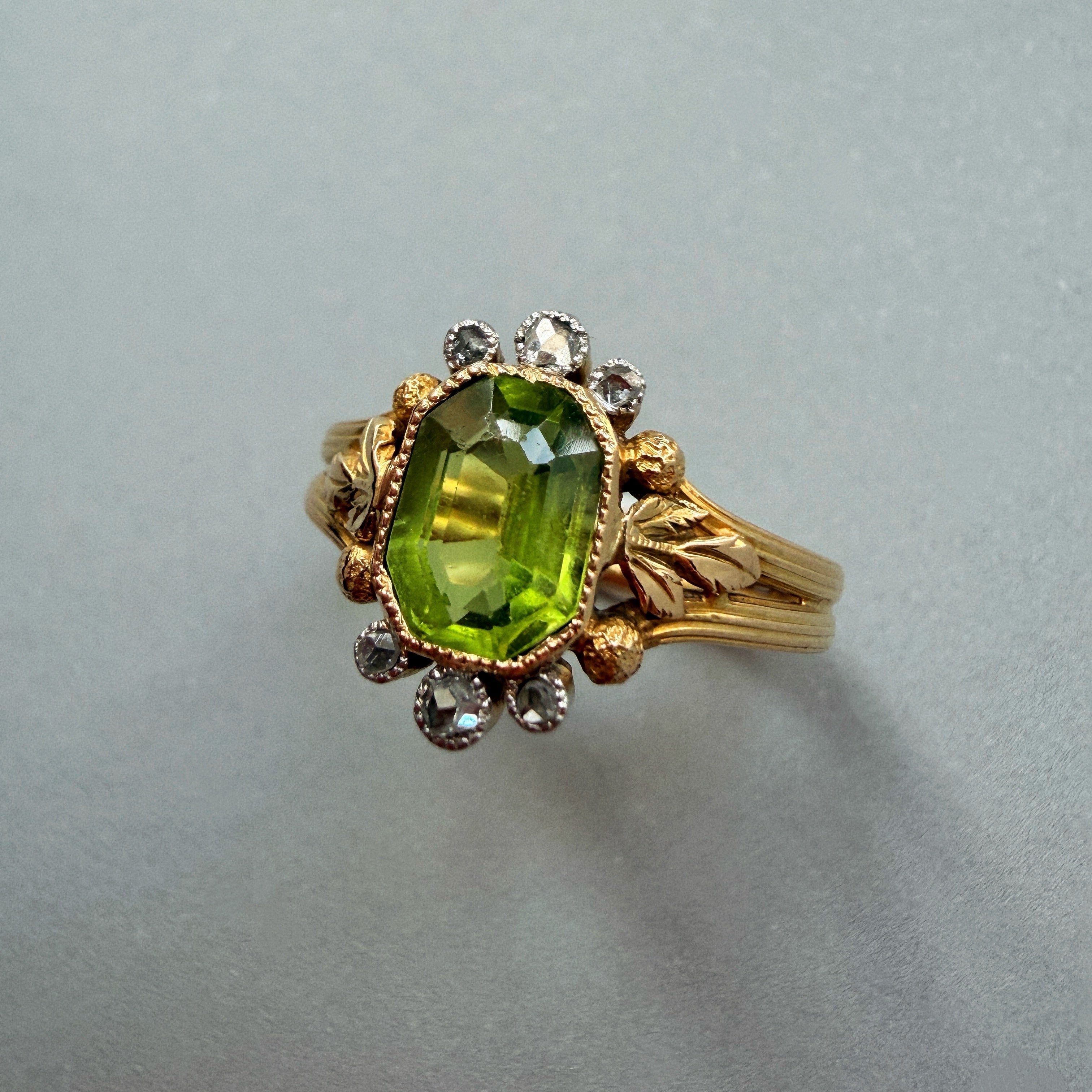 Victorian era 18K gold peridot diamond ring