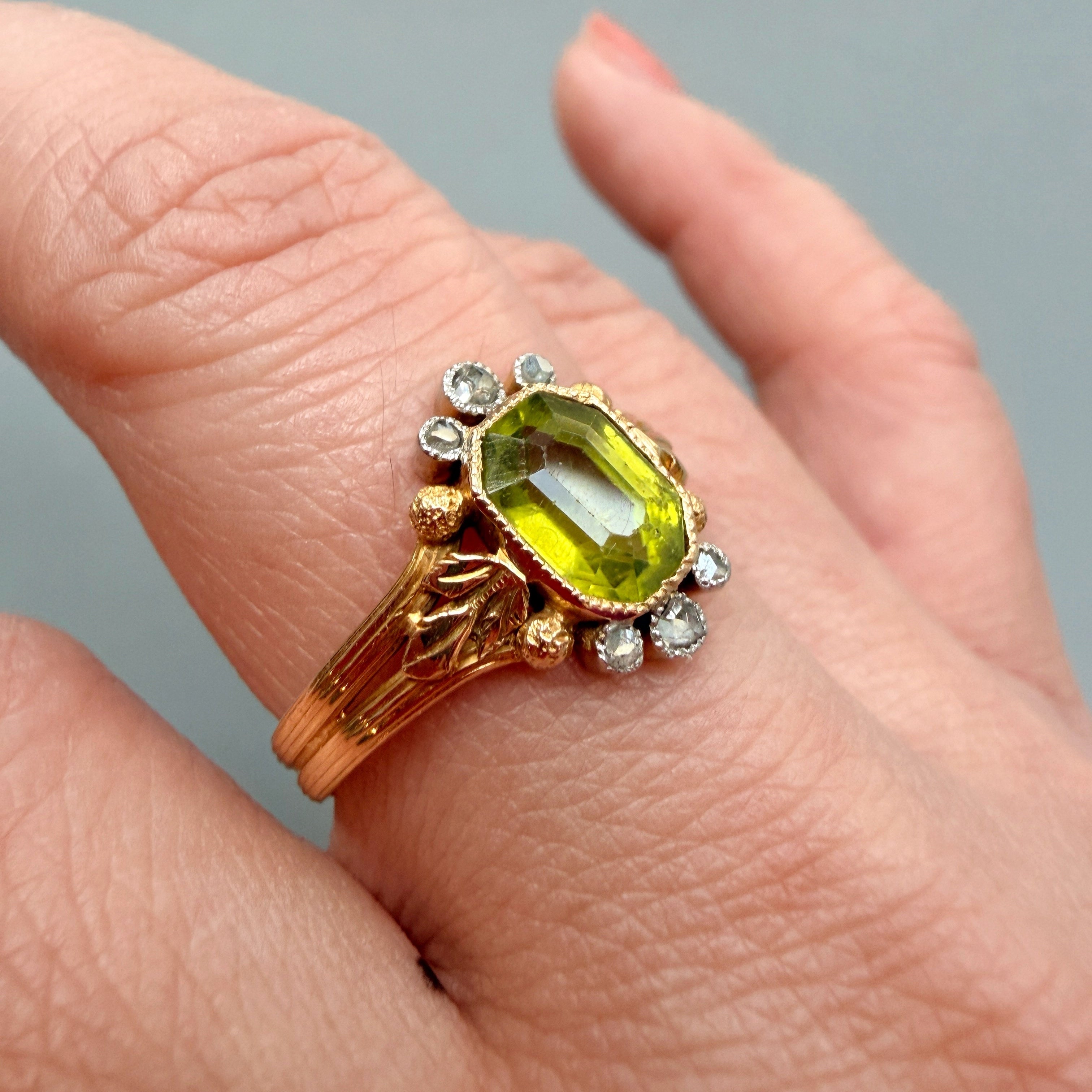 Victorian era 18K gold peridot diamond ring