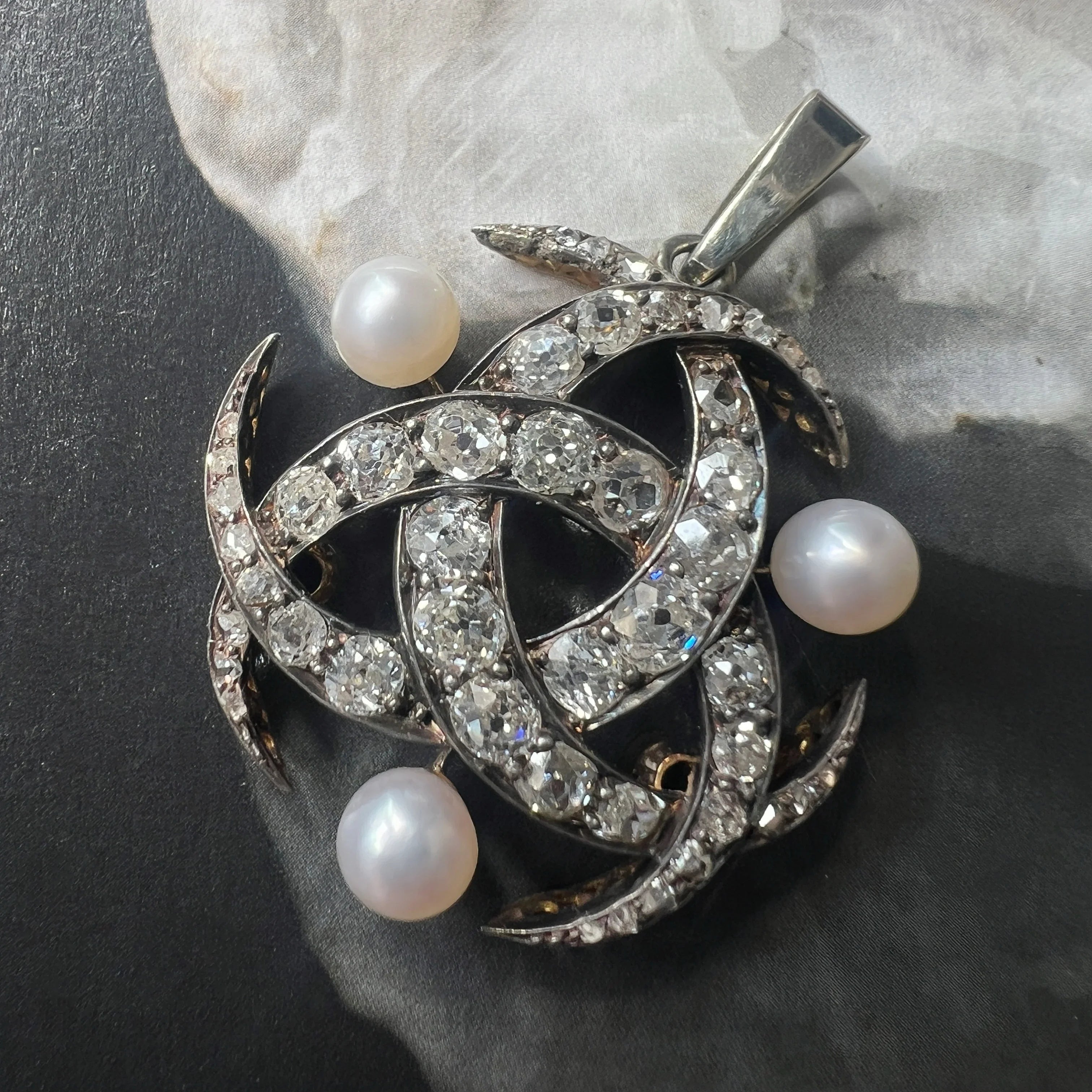Victorian 18K gold triple diamond crescent moon Pendant