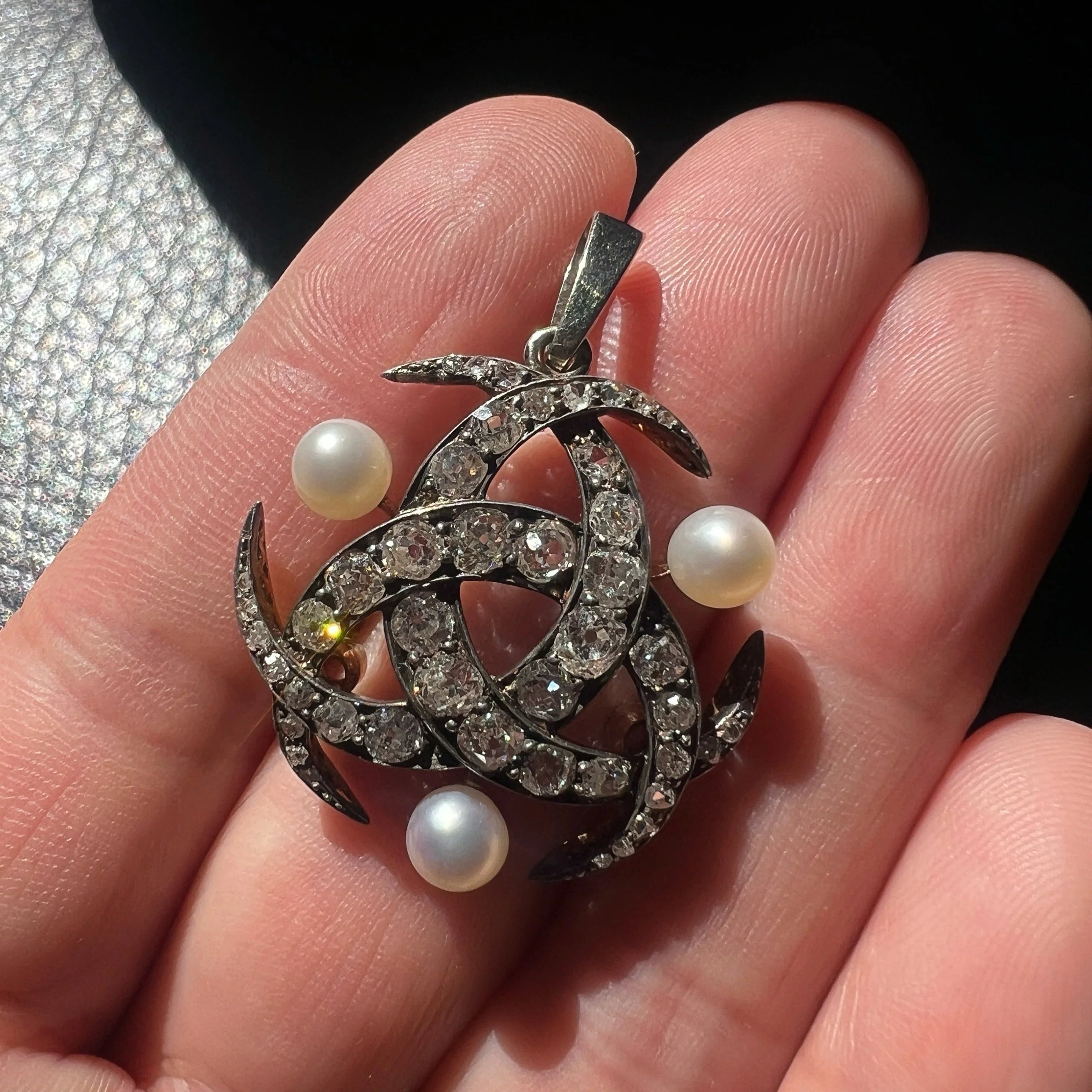 Victorian 18K gold triple diamond crescent moon Pendant