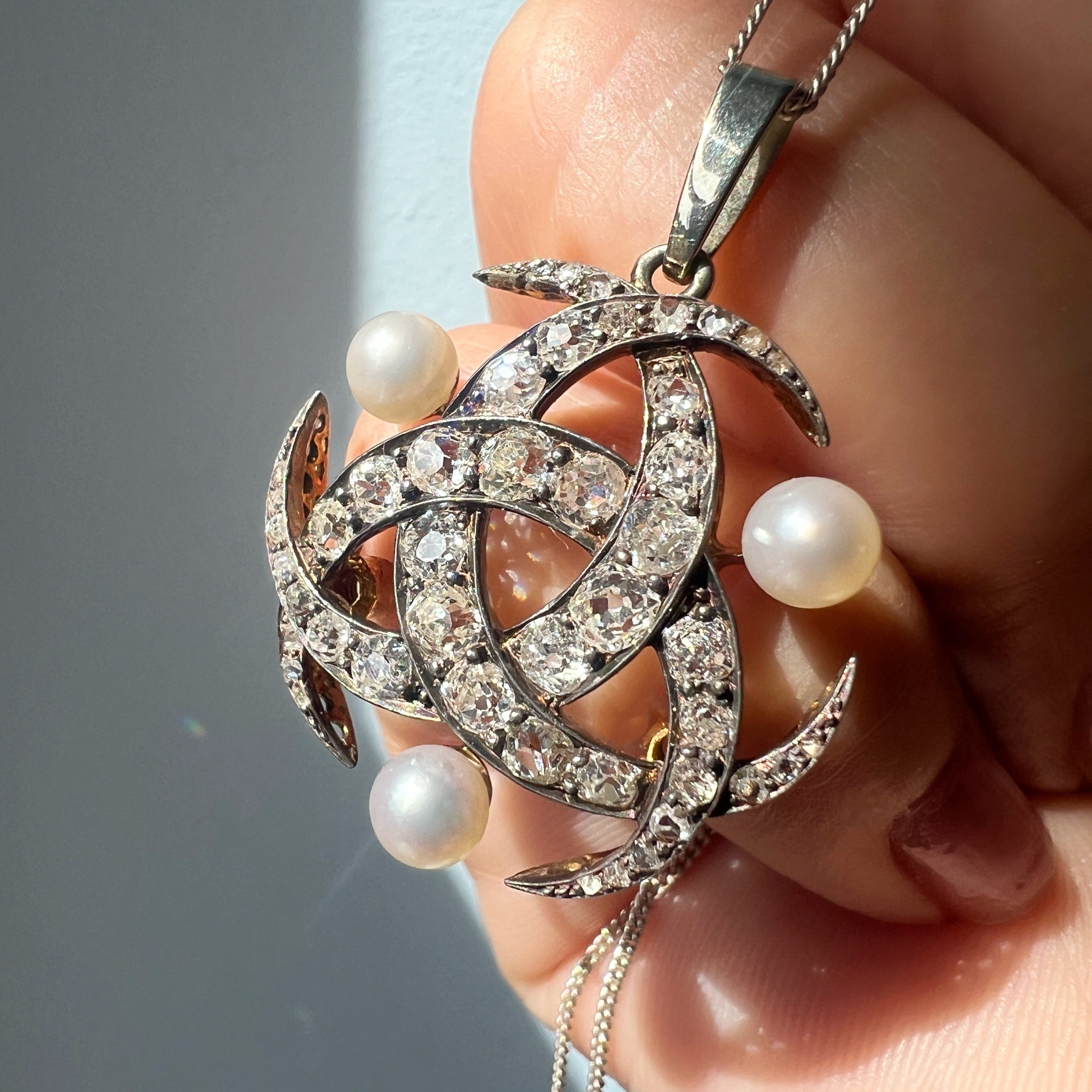 Victorian 18K gold triple diamond crescent moon Pendant