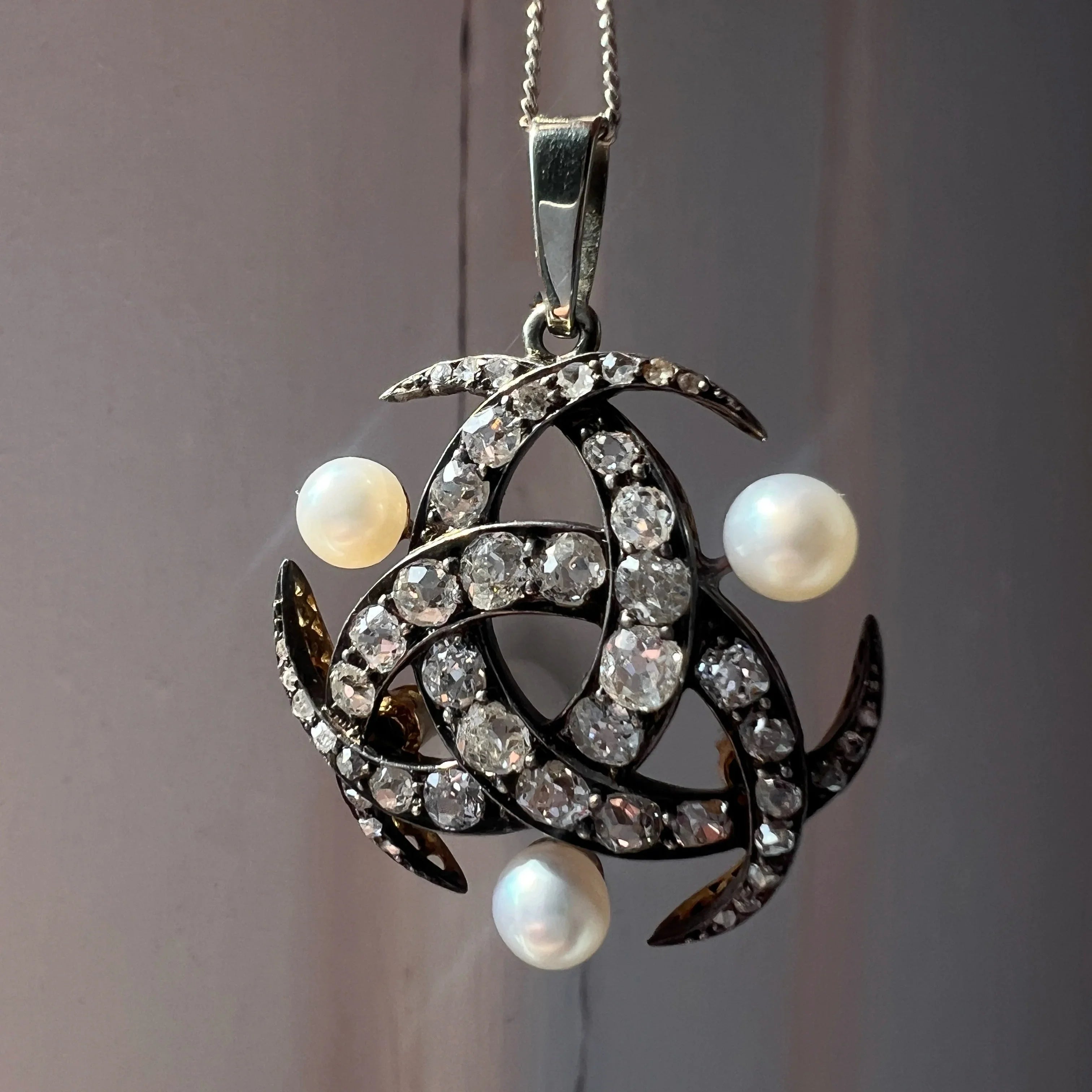 Victorian 18K gold triple diamond crescent moon Pendant