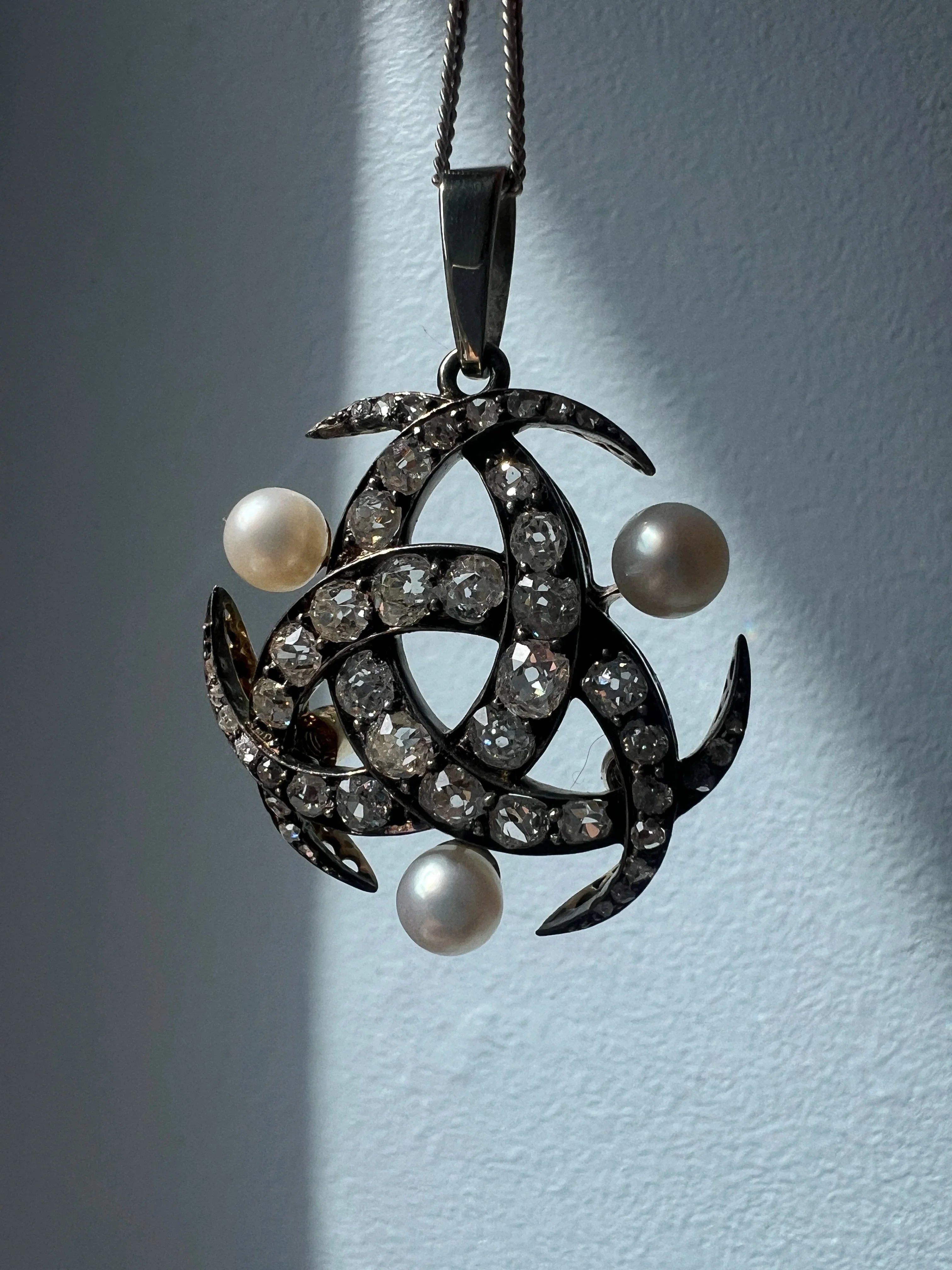 Victorian 18K gold triple diamond crescent moon Pendant