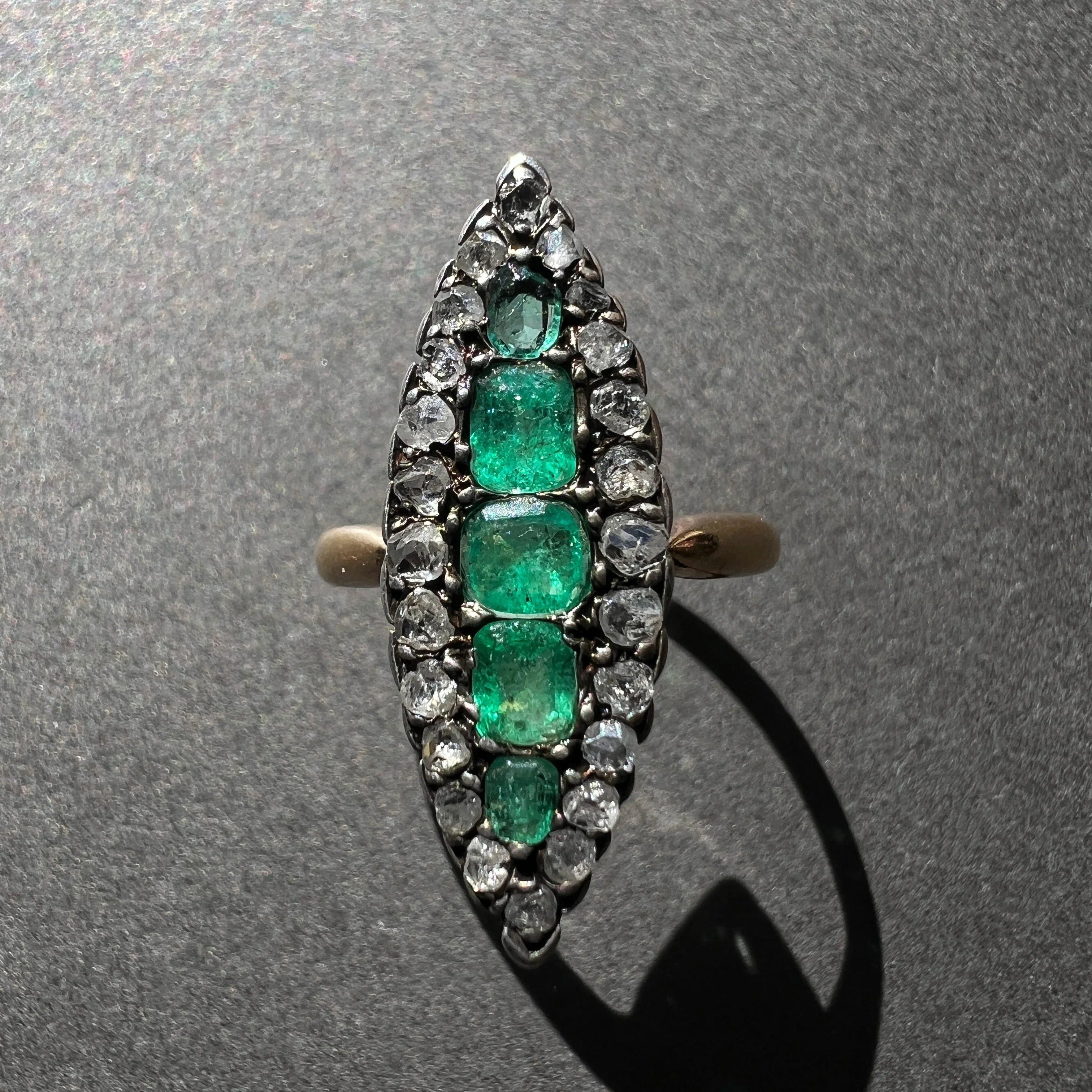 Victorian French 18K gold Emeralds and diamond marquise Ring