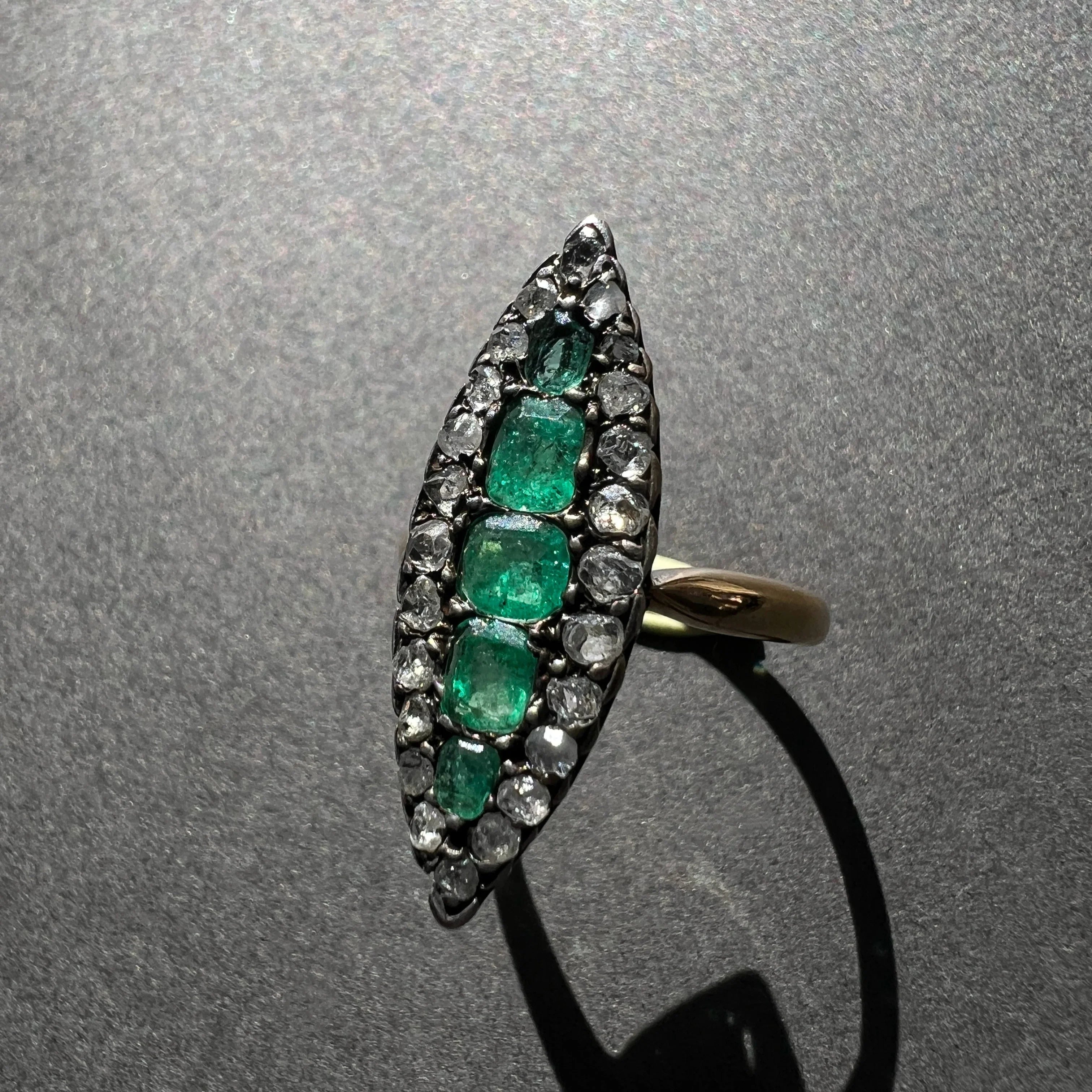 Victorian French 18K gold Emeralds and diamond marquise Ring