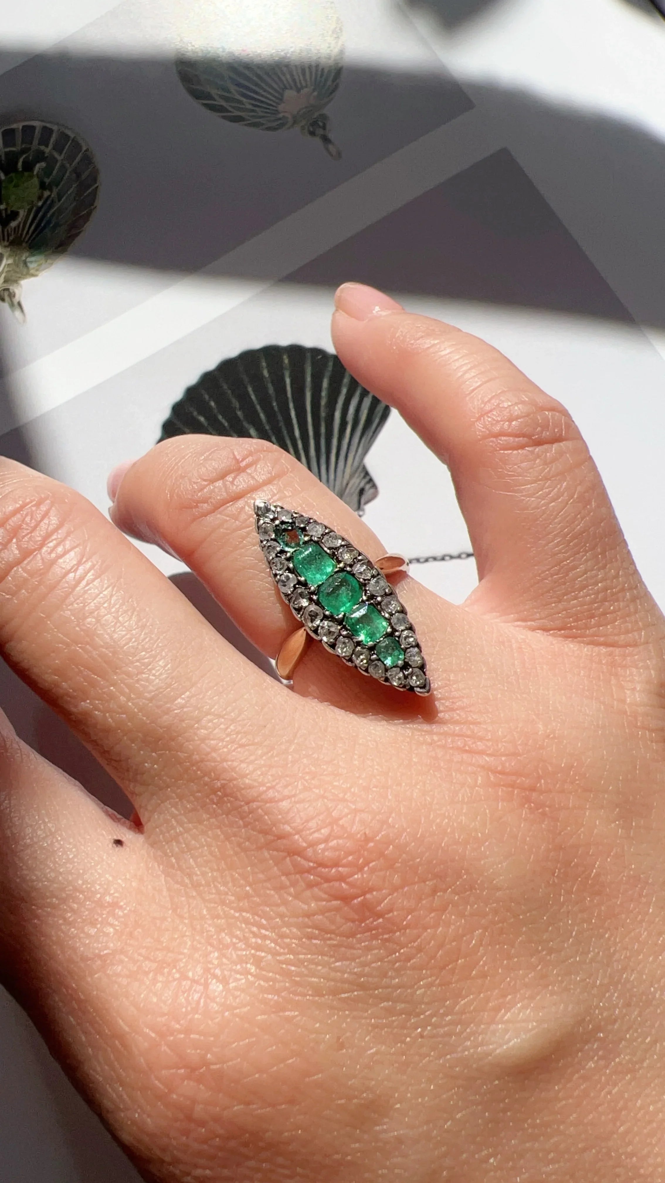 Victorian French 18K gold Emeralds and diamond marquise Ring