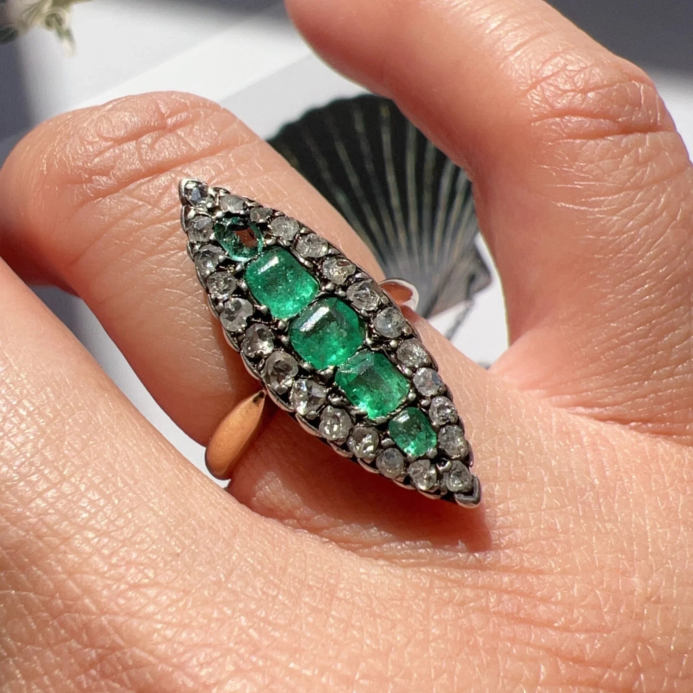 Victorian French 18K gold Emeralds and diamond marquise Ring