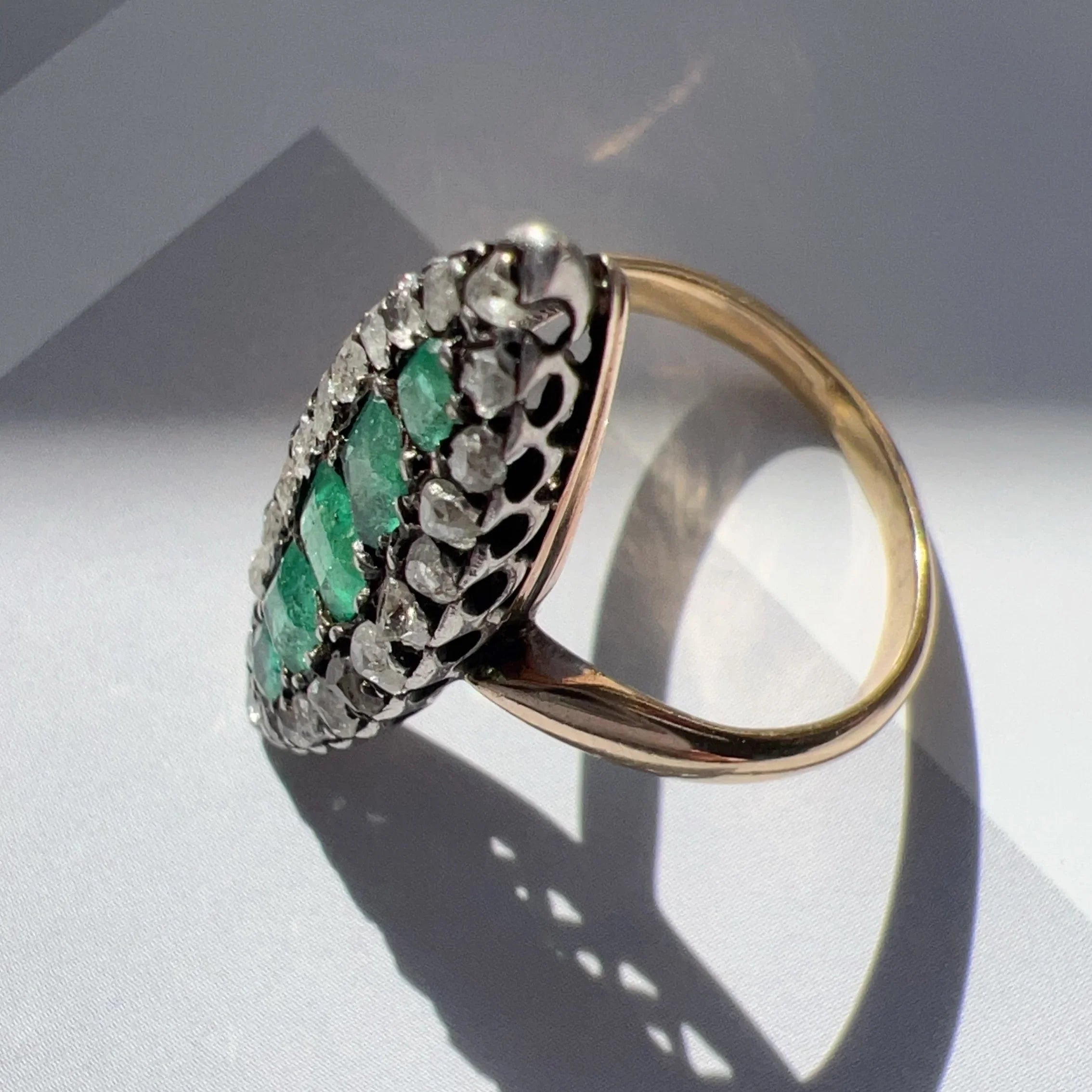 Victorian French 18K gold Emeralds diamond marquise Ring