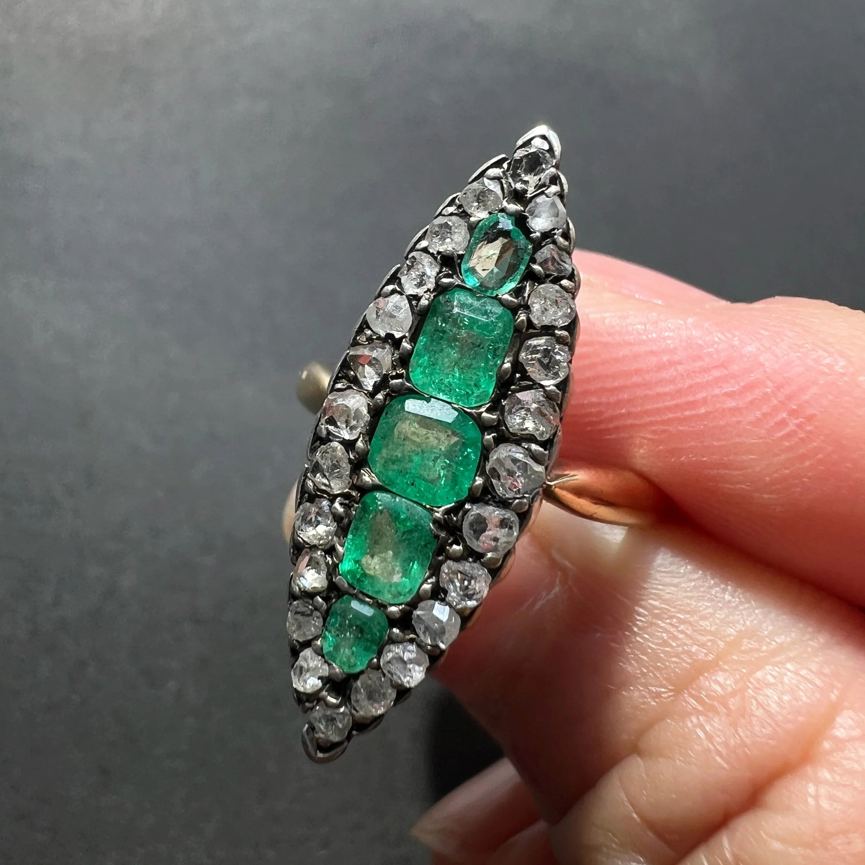 Victorian French 18K gold Emeralds and diamond marquise Ring