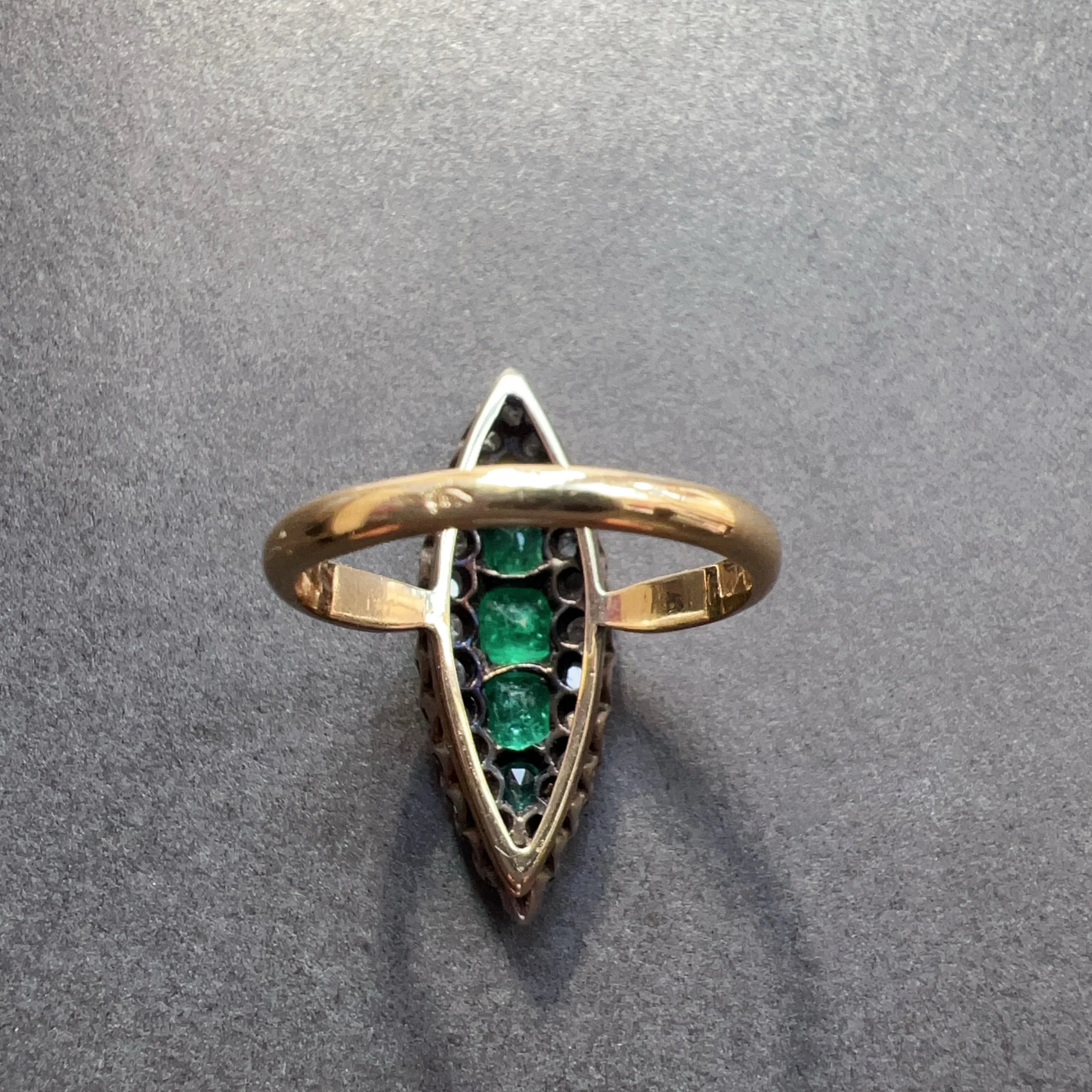 Victorian French 18K gold Emeralds and diamond marquise Ring