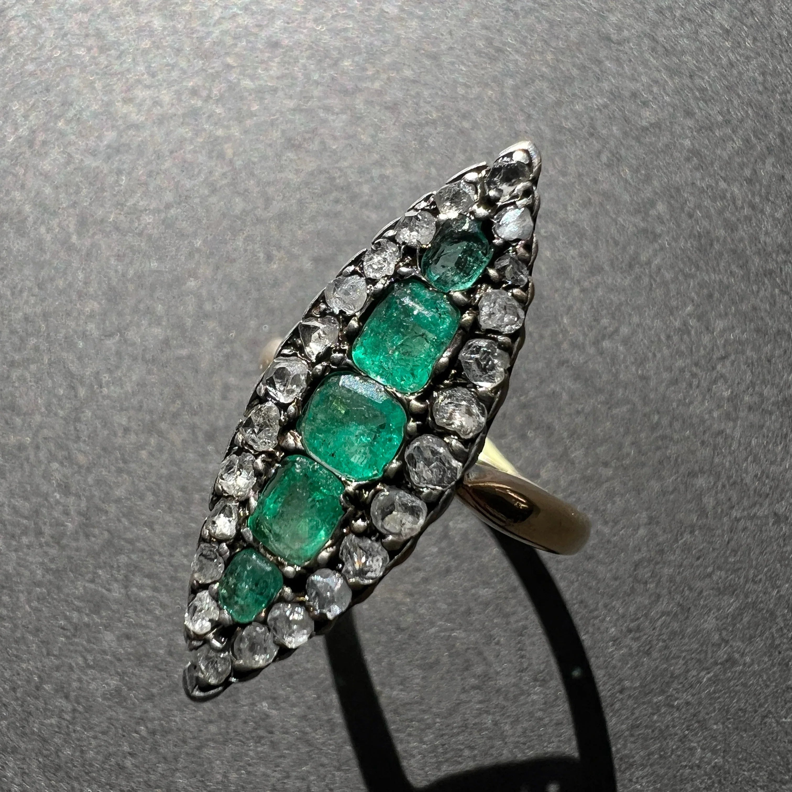 Victorian French 18K gold Emeralds and diamond marquise Ring