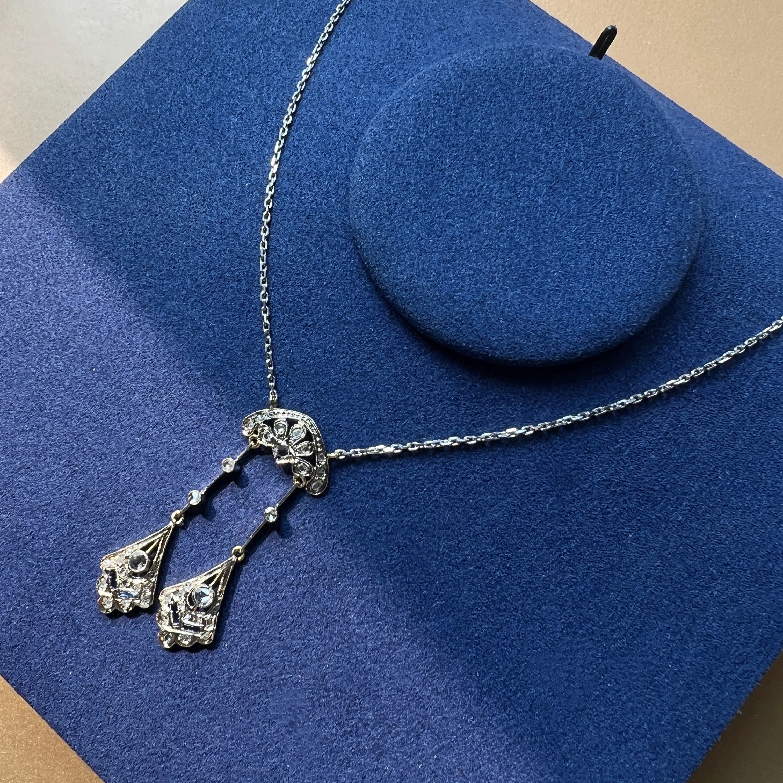 French Art Deco 18K White Gold Négligé Necklace with Diamonds & Blue Sapphires