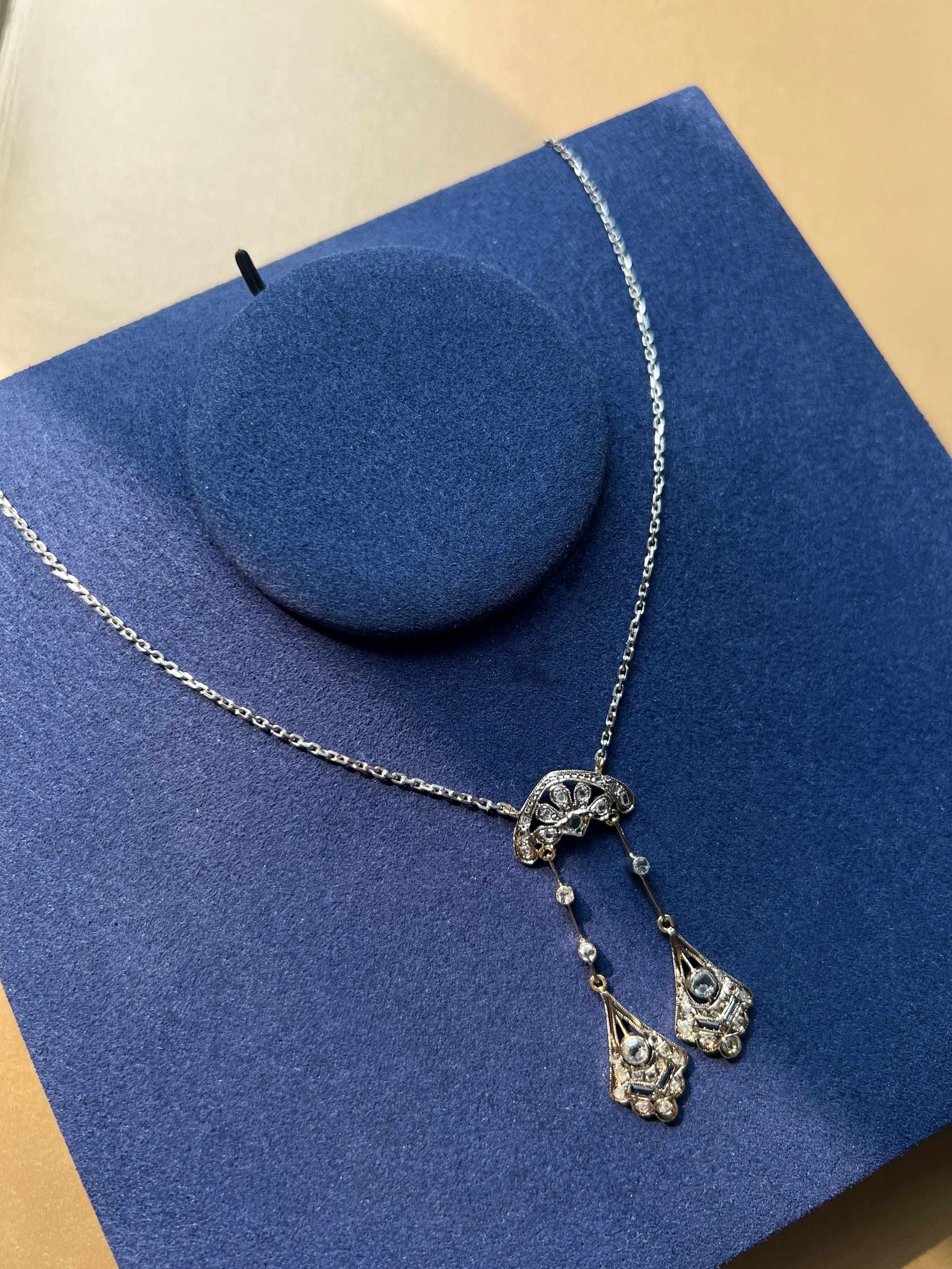 French Art Deco 18K White Gold Négligé Necklace with Diamonds & Blue Sapphires